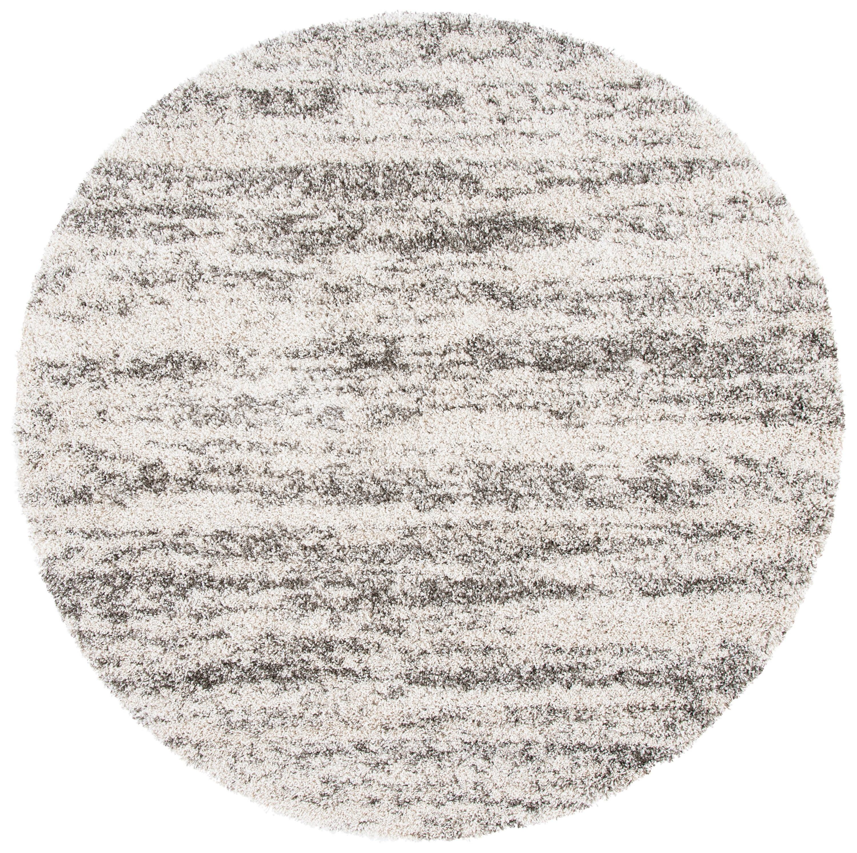 Ivory and Grey Round Shag Area Rug, 7' x 7'