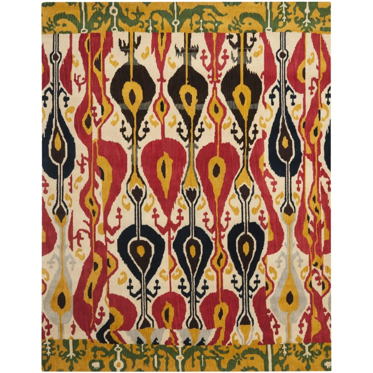 SAFAVIEH Ikat Betty Southwestern Wool Area Rug, Cream/Green, 5' x 8'