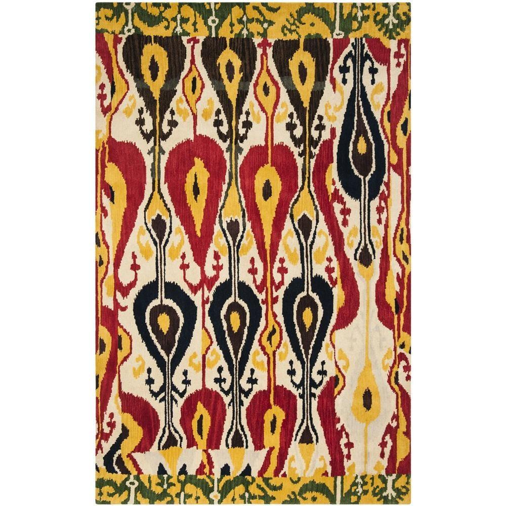 SAFAVIEH Ikat Betty Southwestern Wool Area Rug, Cream/Green, 5' x 8'