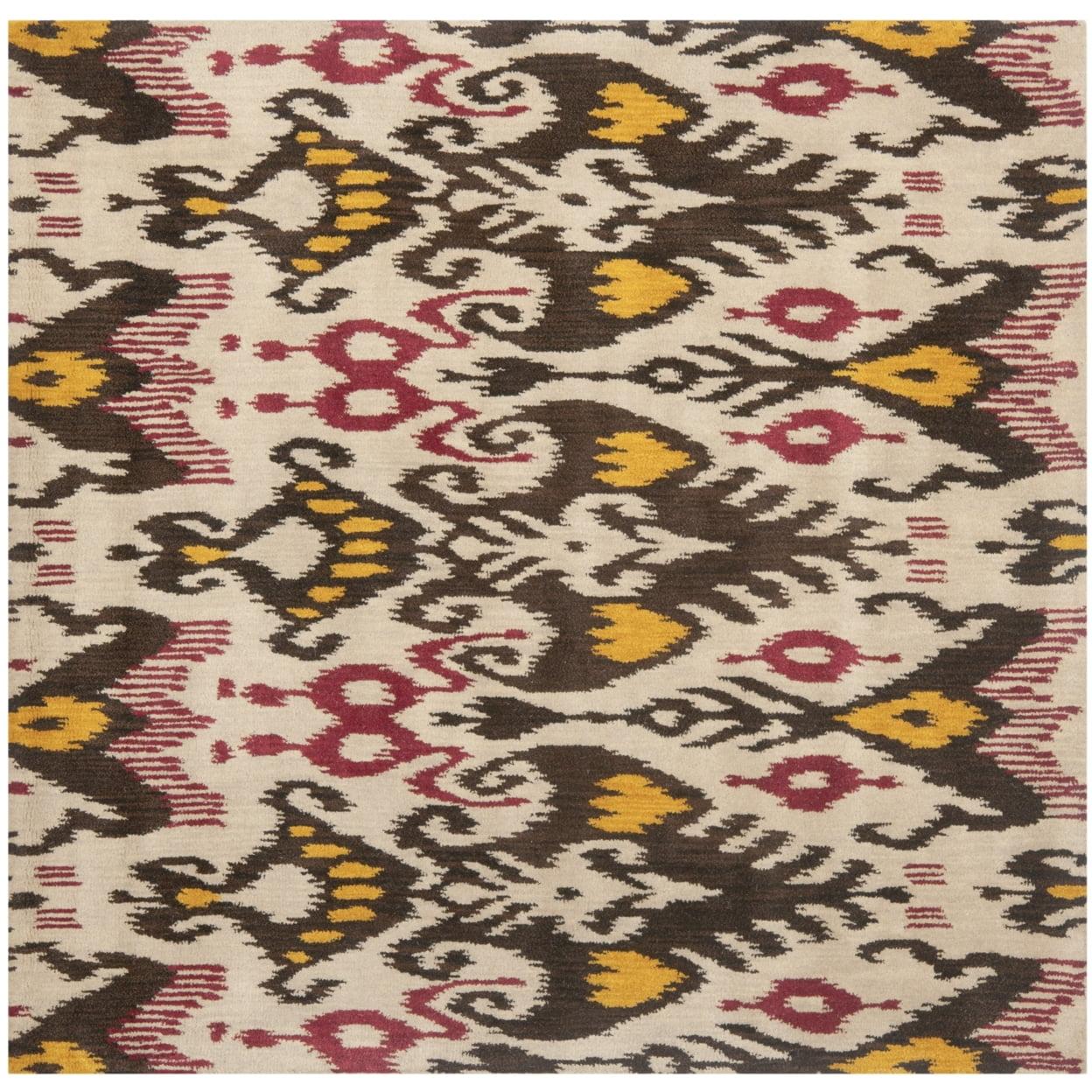 SAFAVIEH Ikat Emmeline Geometric Wool Area Rug, Beige/Brown, 6' x 6' Square