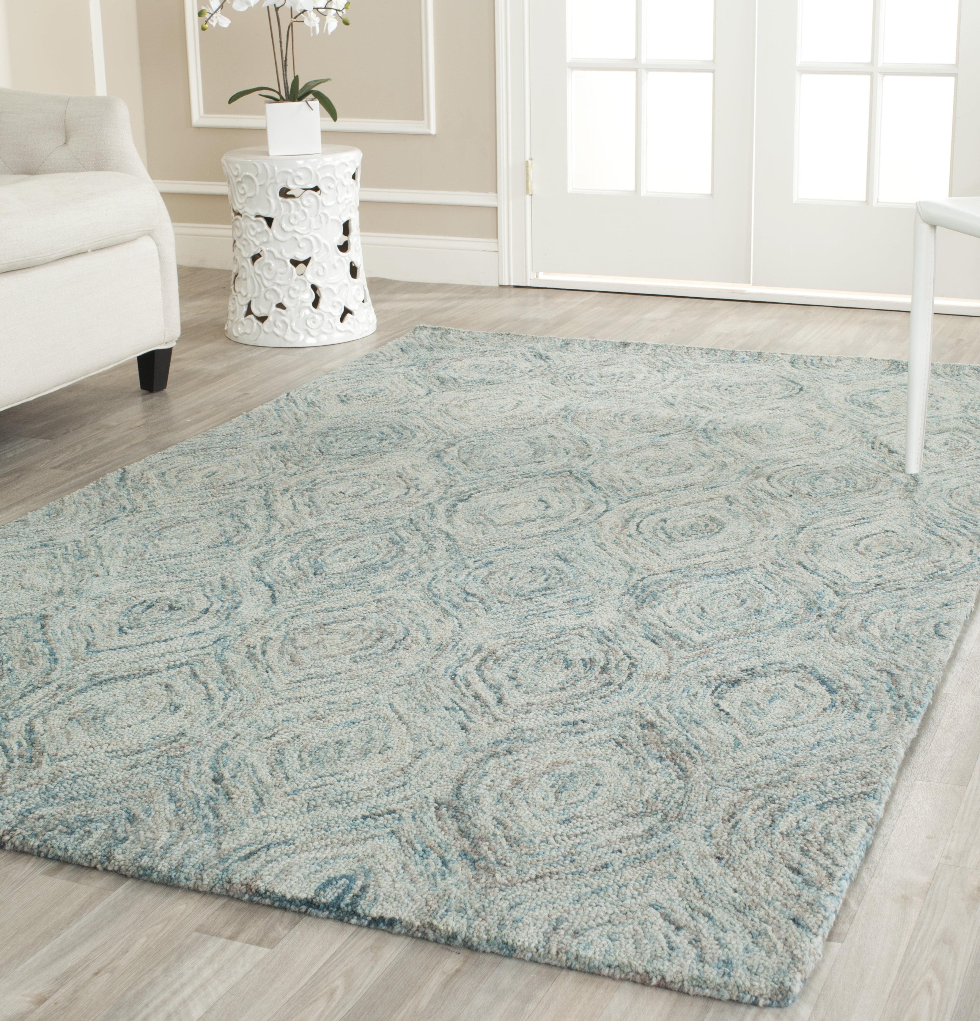 Ivory and Sea Blue Hand-Tufted Wool Area Rug, 5' x 8'