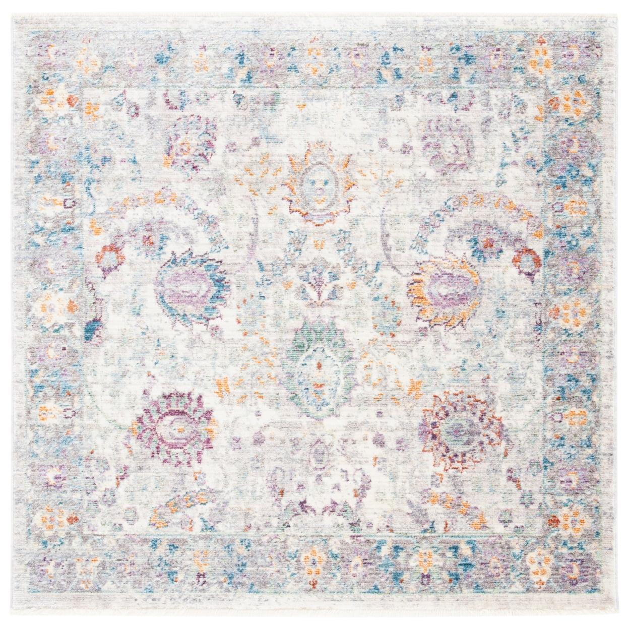 Elegant Cream & Purple Hand-Knotted Square Wool-Blend Rug 4'x4'