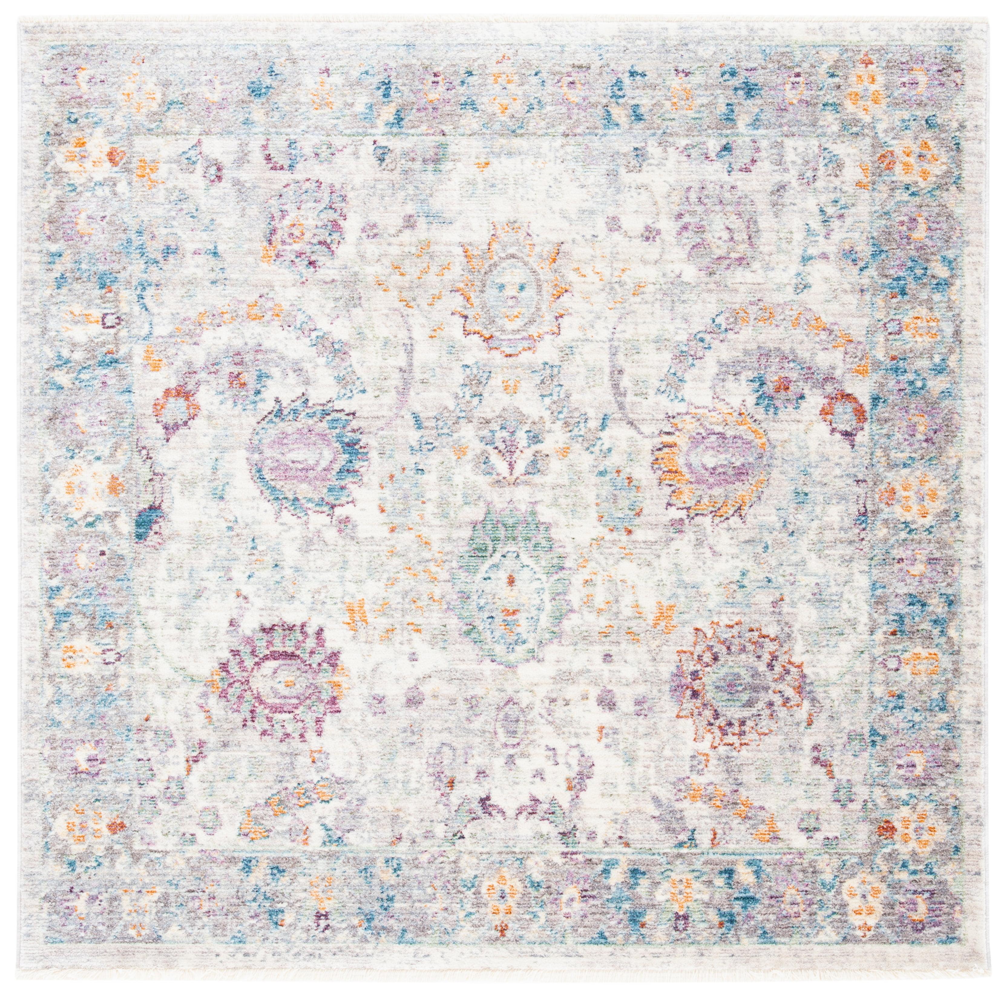 Elegant Cream & Purple Hand-Knotted Square Wool-Blend Rug 4'x4'