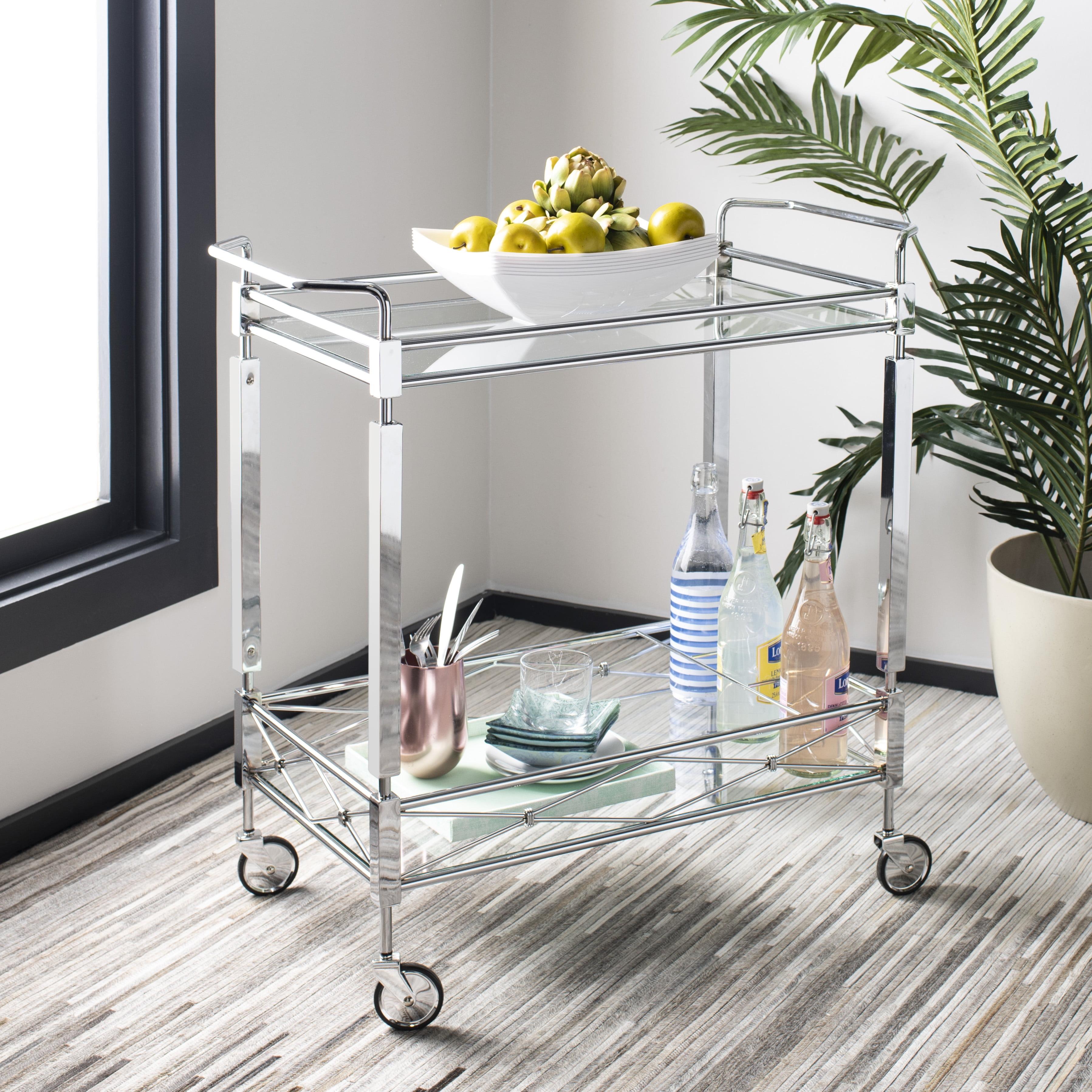 Chrome Glass 32" Transitional Rectangular Bar Cart with Storage