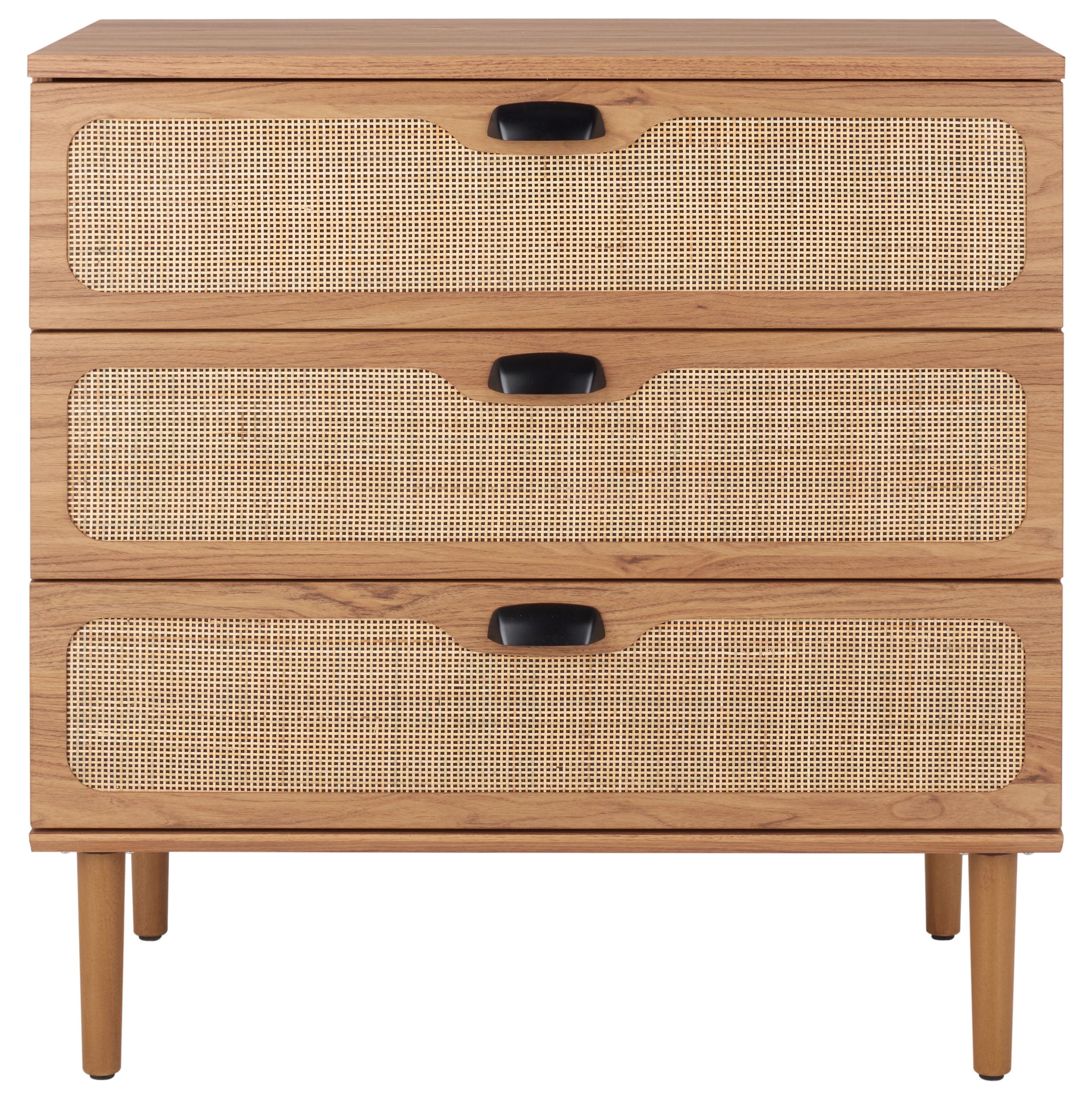 Oak 3-Drawer Chest with Rattan Mesh and Metal Pulls