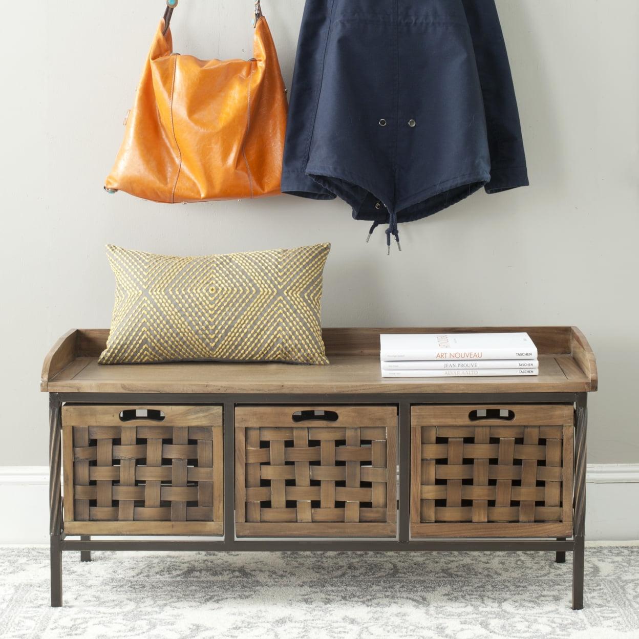 Transitional Antique Pewter Oak Storage Bench with 3 Drawers