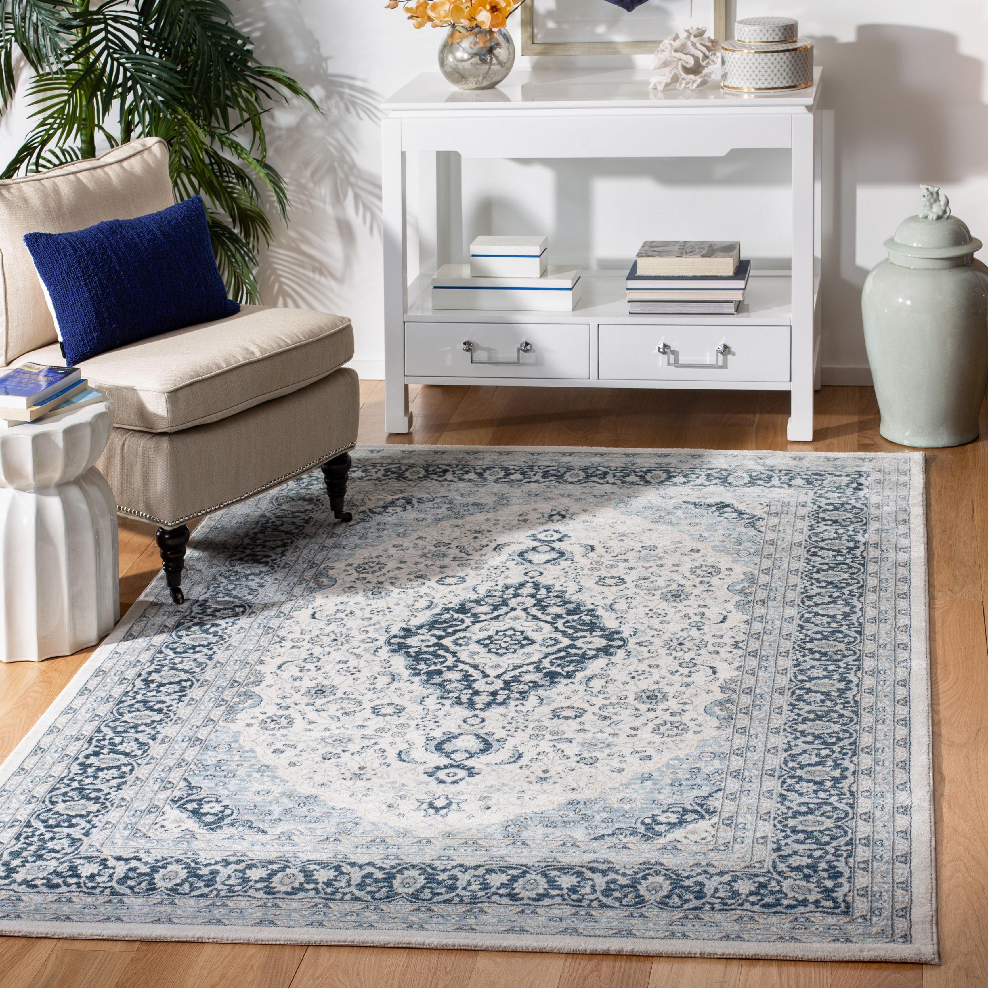 Isabella 6'7" Square Cream and Dark Blue Synthetic Area Rug