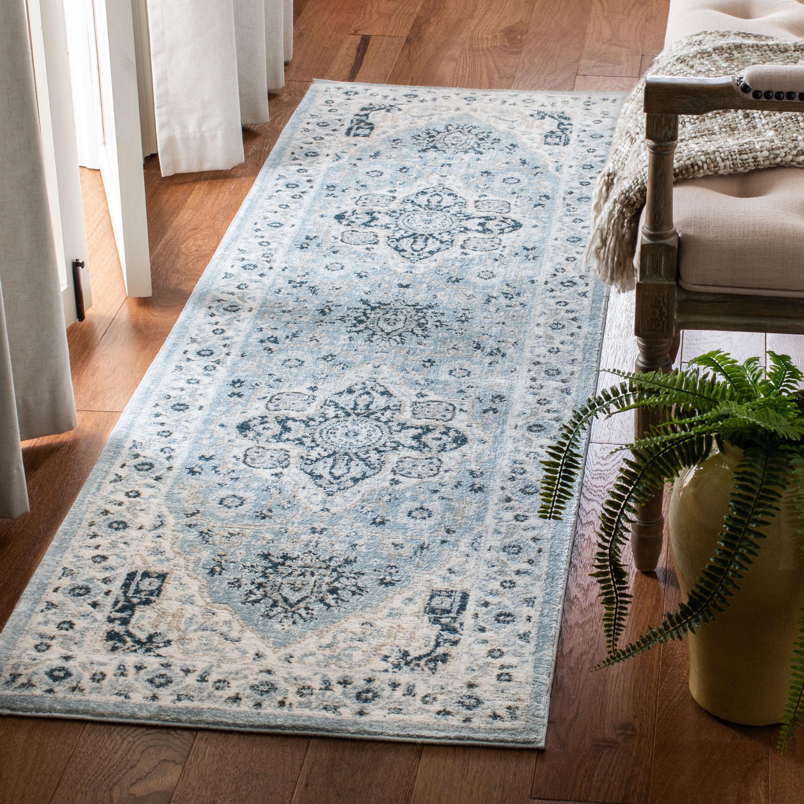 Light Blue and Cream Synthetic Runner Rug, 2'2" x 7'