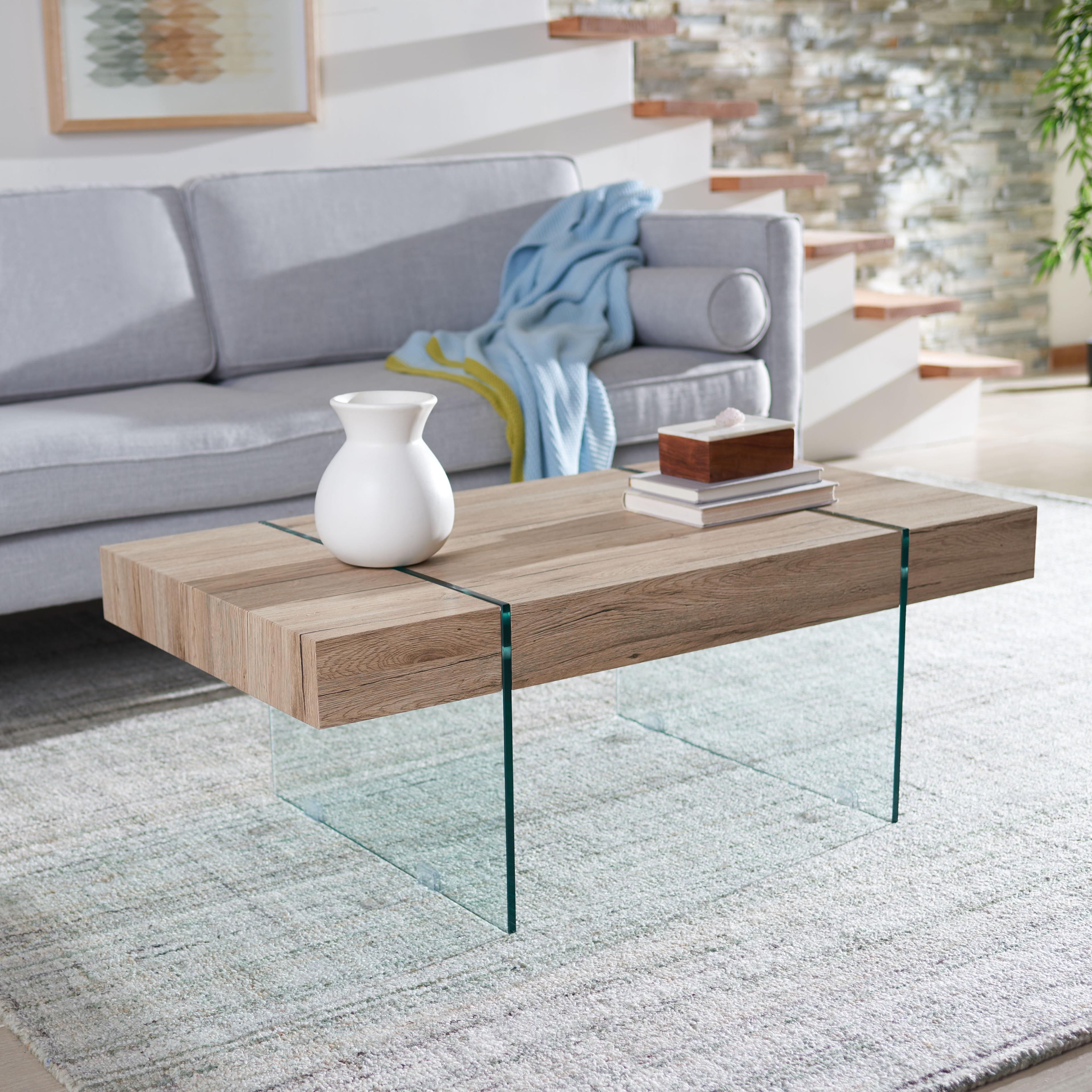 Ethereal Style Natural Finish Rectangular Coffee Table with Glass Legs