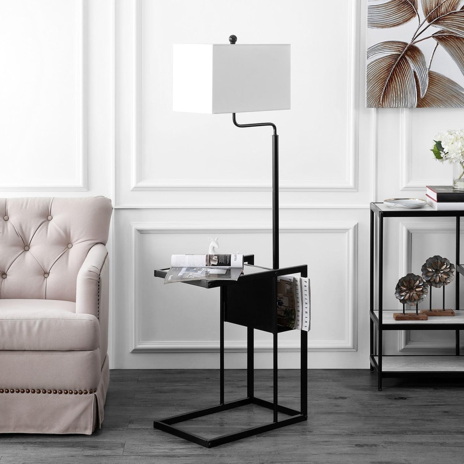 Janson Matte Black Floor Lamp with Shelf and White Shade