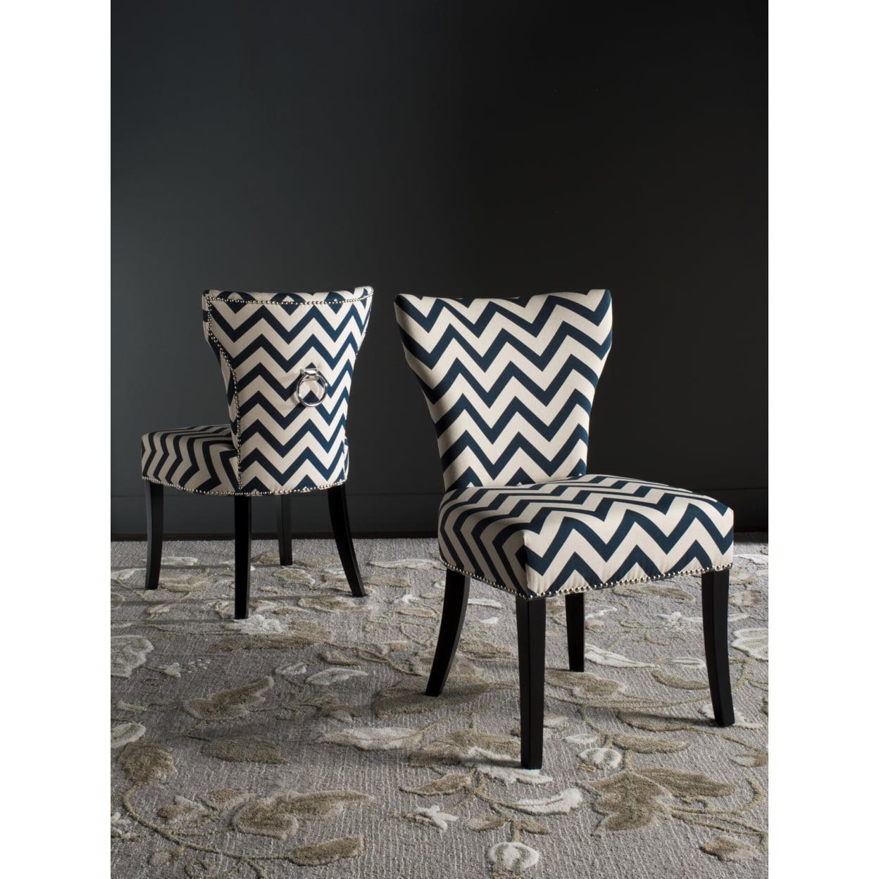 Chevron Navy and White Linen Upholstered Parsons Side Chair