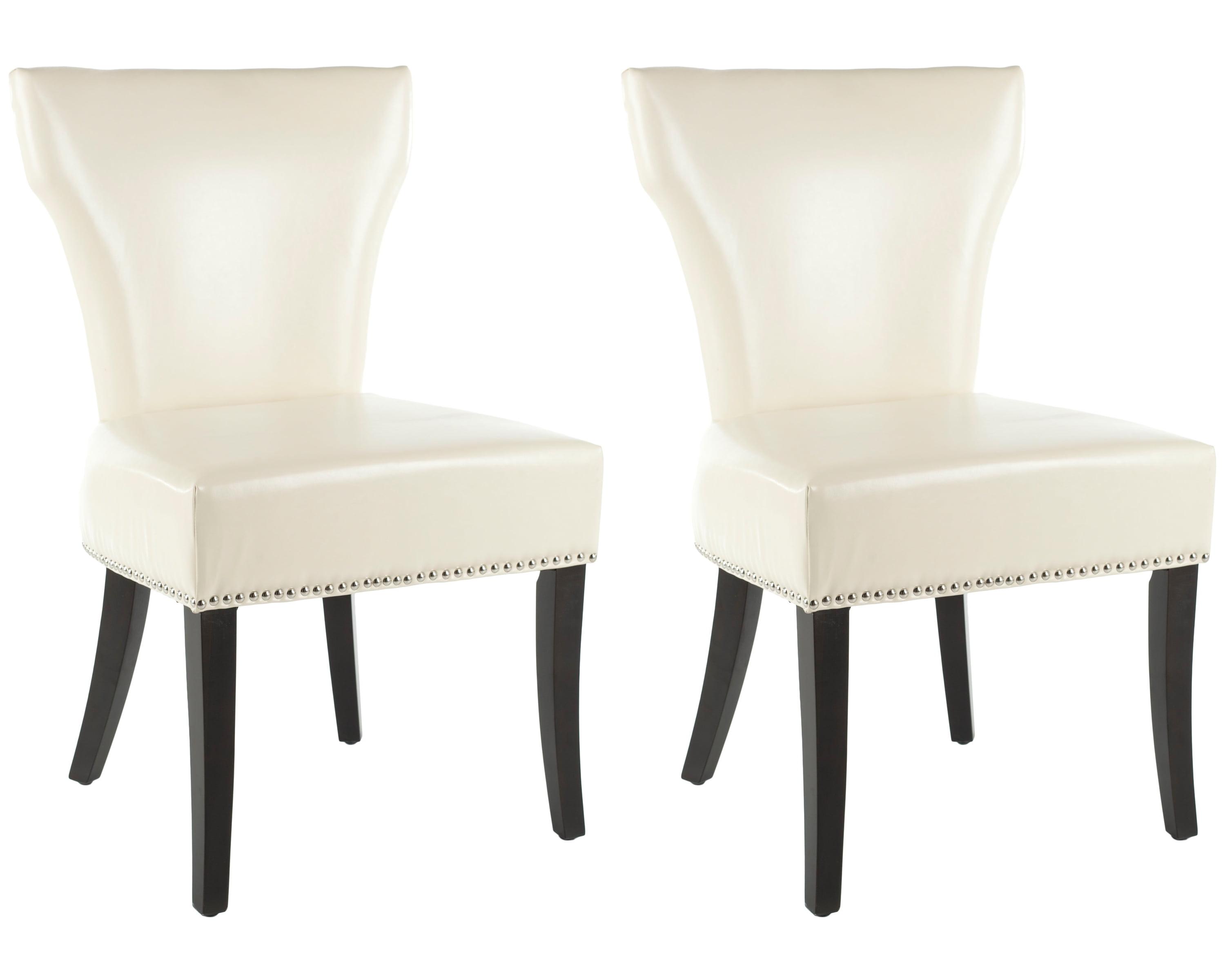 Transitional Flat Cream Leather Parsons Side Chair with Wood Accents