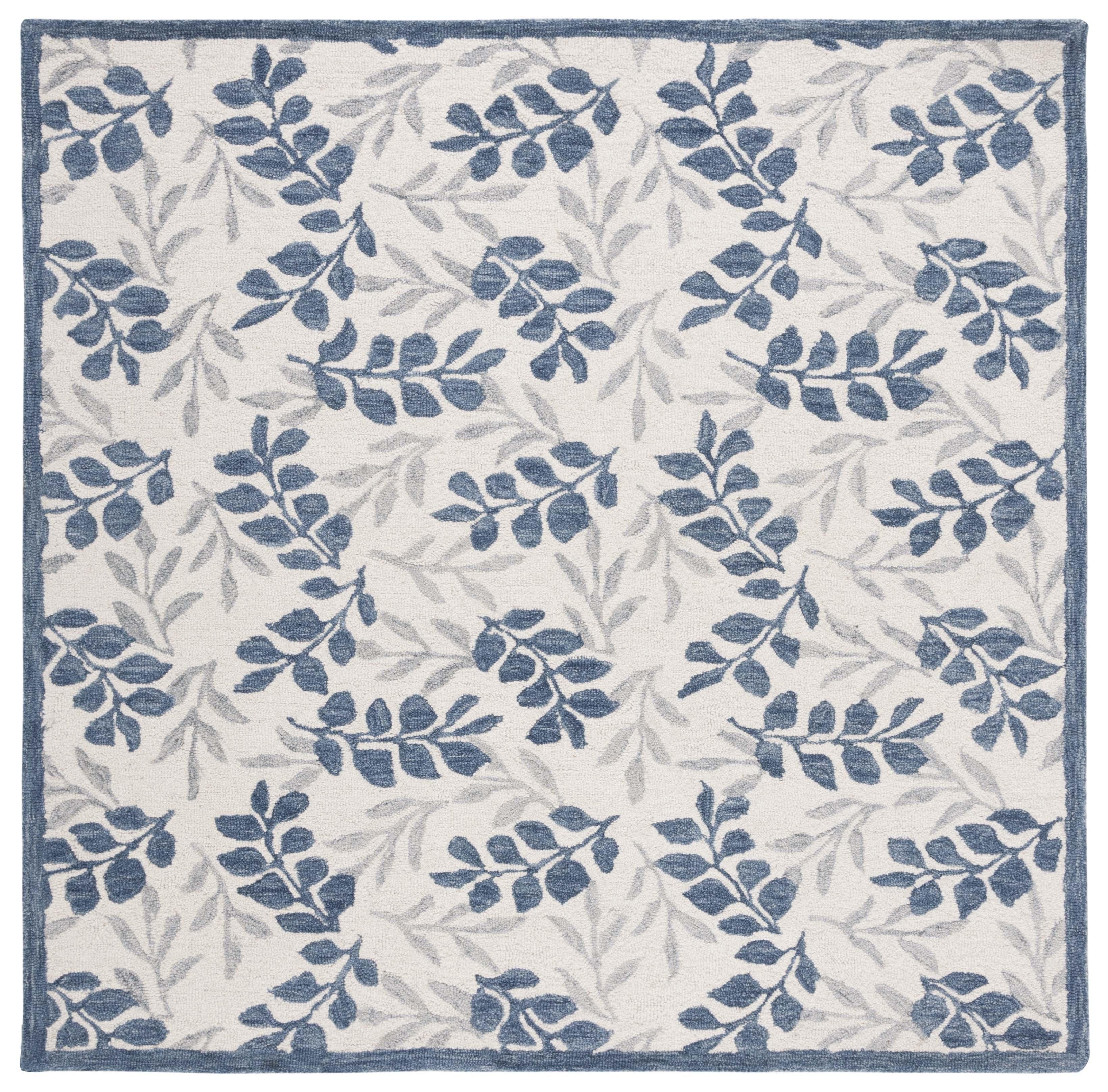 Ivory and Gray Hand-Tufted Wool Floral Square Rug