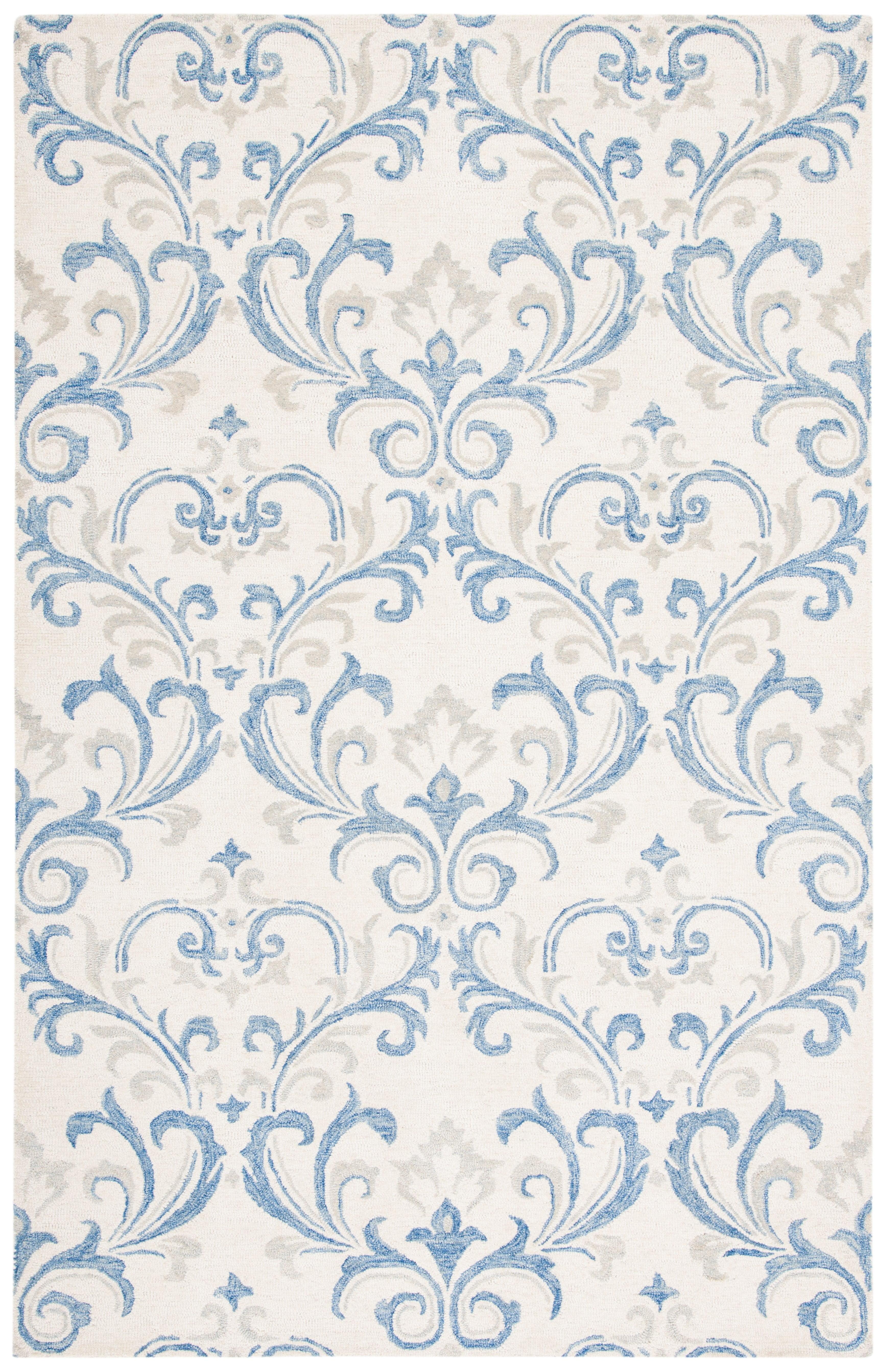 Ivory and Blue Floral Handmade Wool Area Rug, 4' x 6'