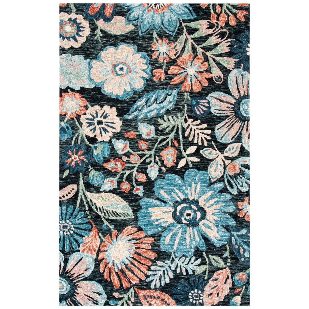 Hand-Tufted Floral Blue & Charcoal Wool Rectangular Rug - 5' x 8'