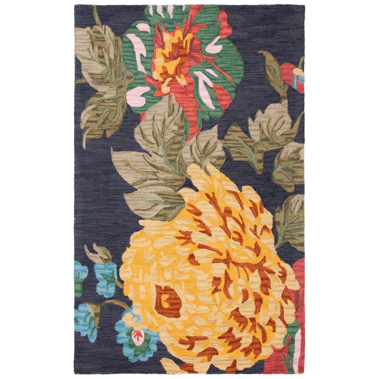 Handmade Black and Yellow Floral Wool Rug