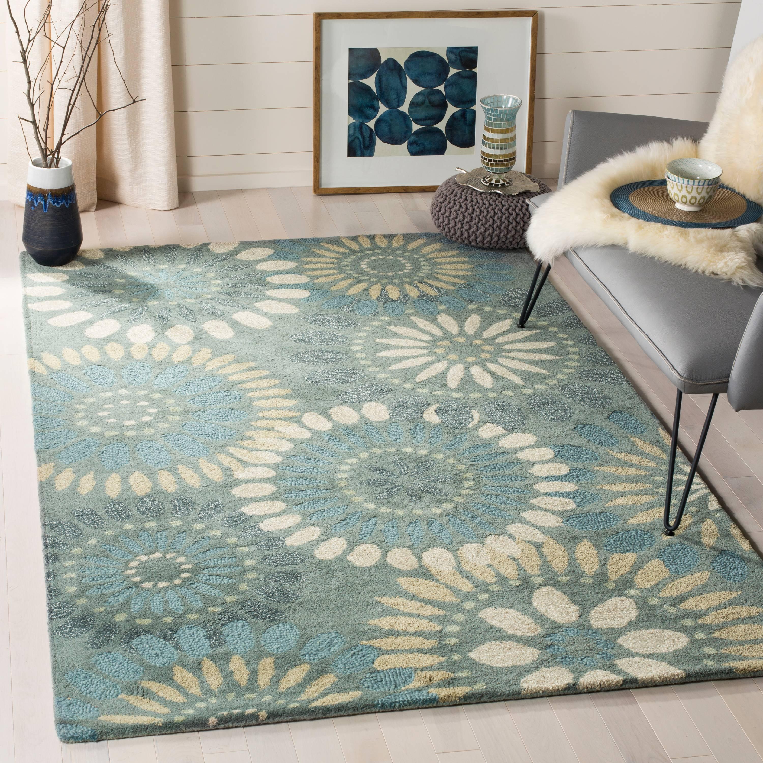 Blossom Bliss Blue Floral Hand-Tufted Wool Square Rug