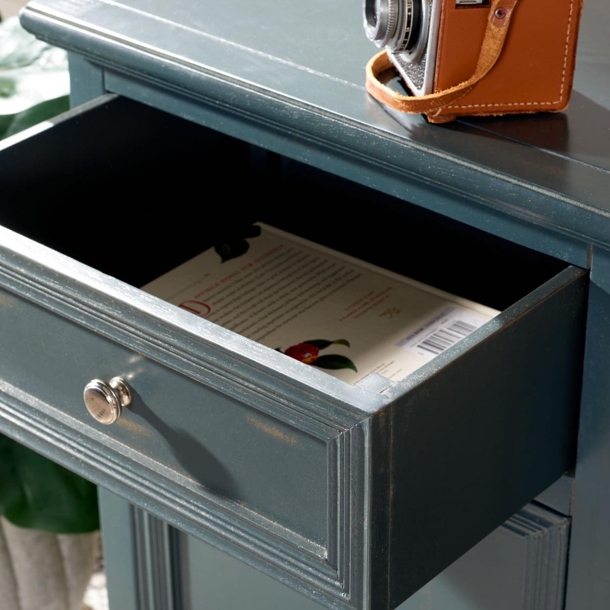 Transitional Blue-Gray Pine Wood Nightstand with Metal Accents and Storage