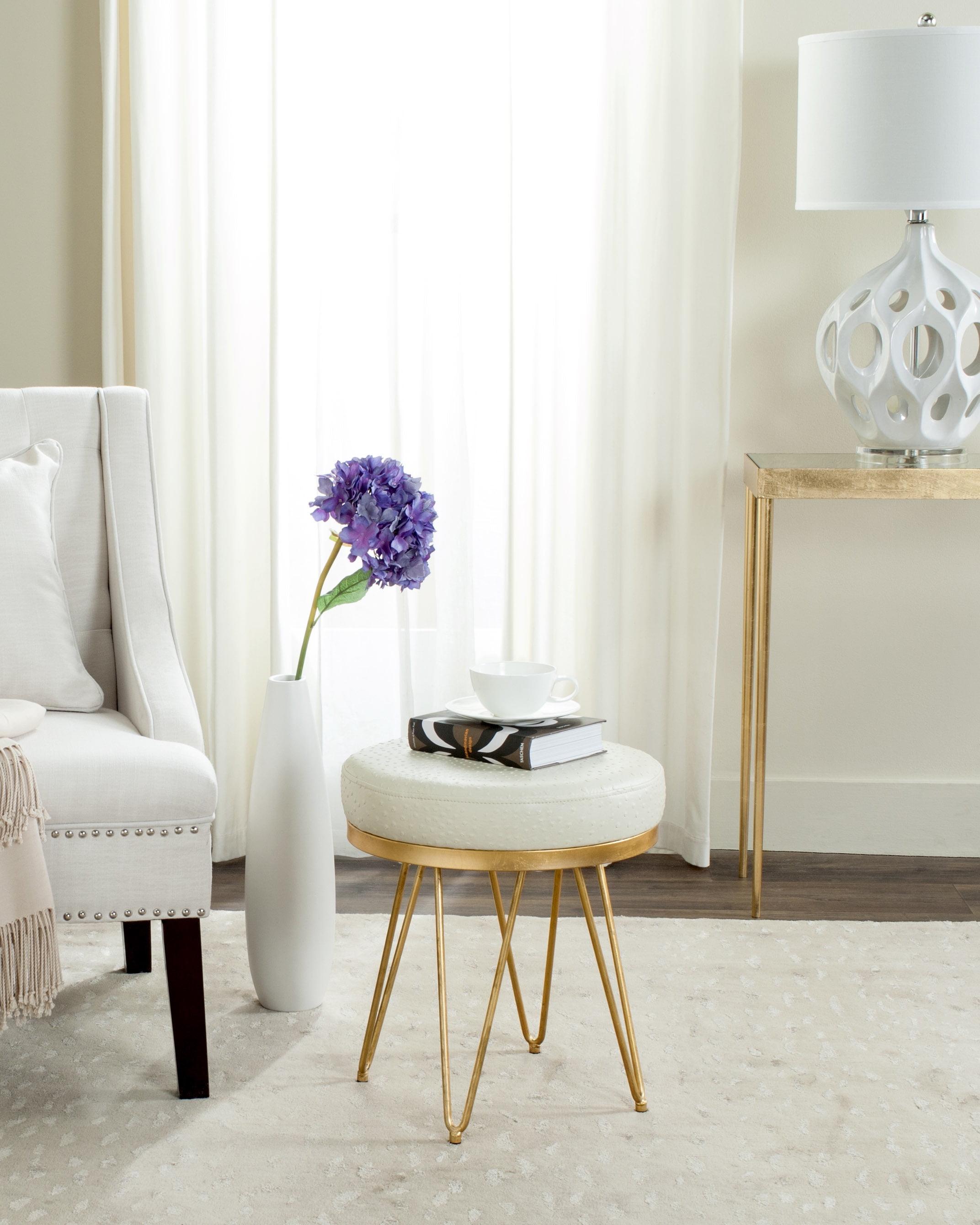 Cream and Gold Faux Ostrich Round Stool with Hairpin Legs