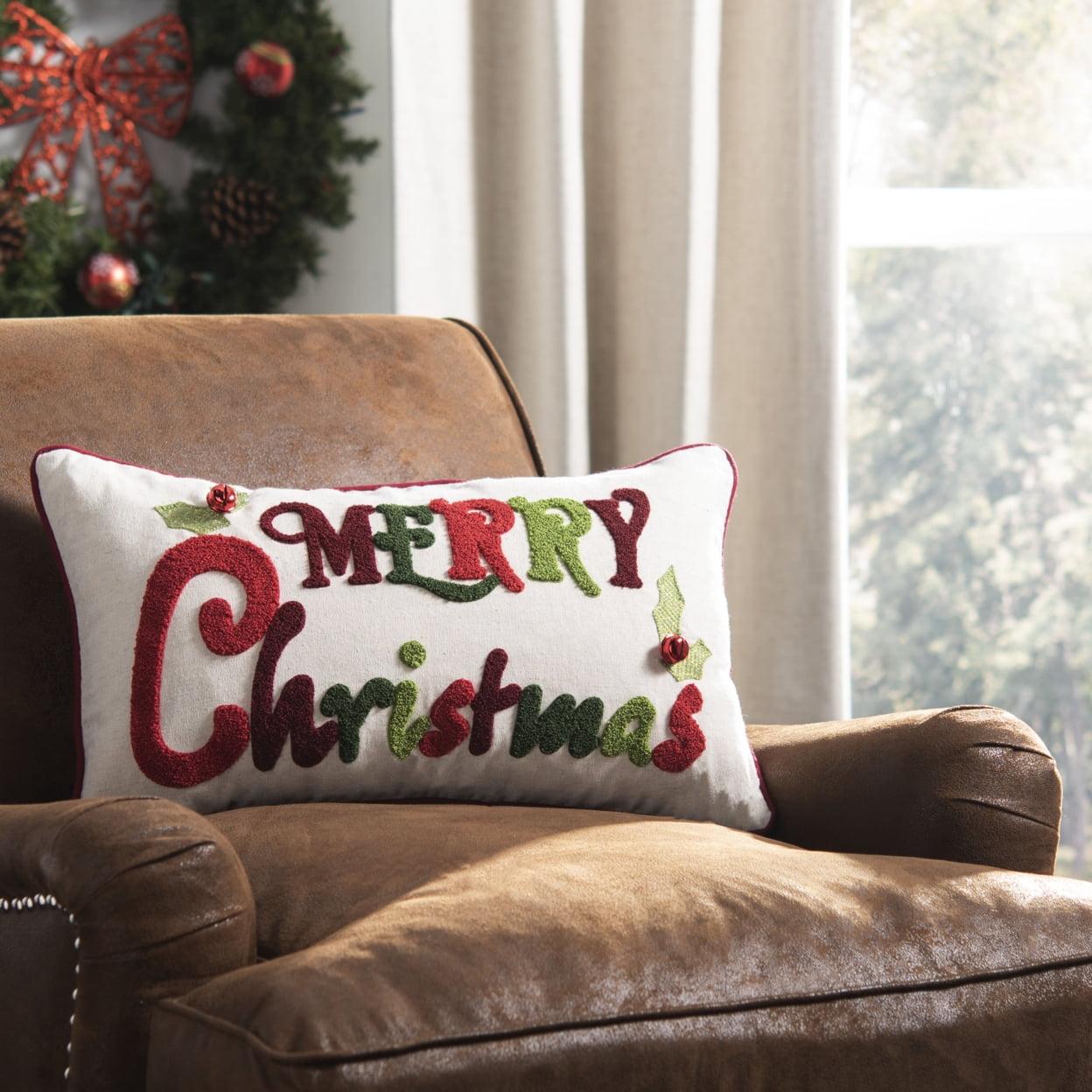 Merry Christmas Embroidered Rectangular Holiday Pillow