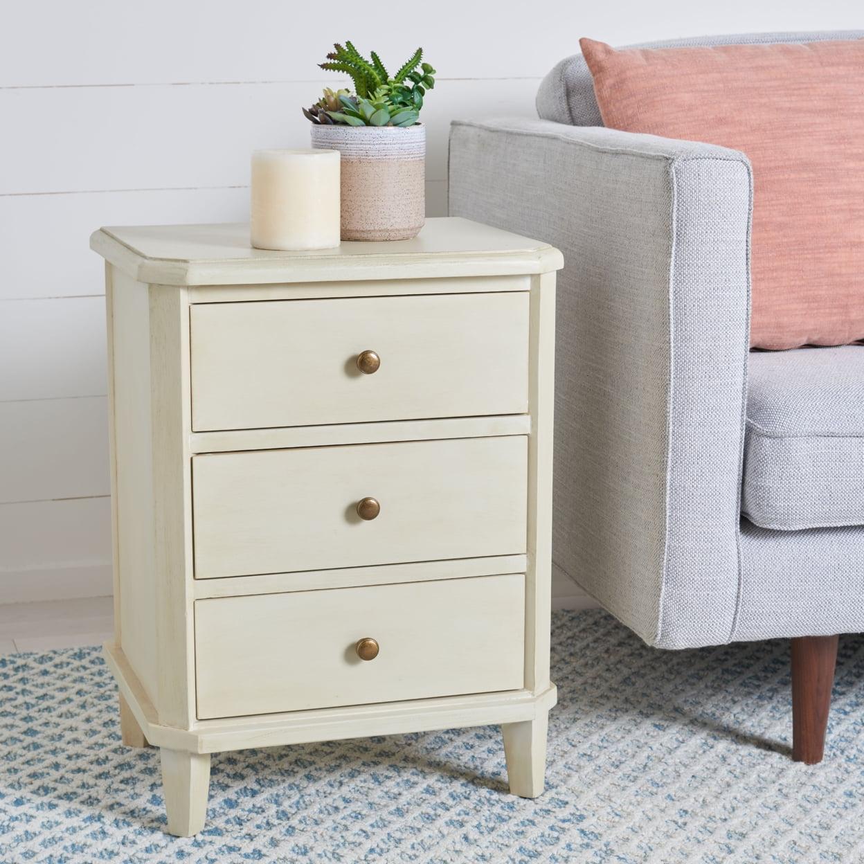 Transitional White Wood & Metal Nightstand with 3 Storage Drawers