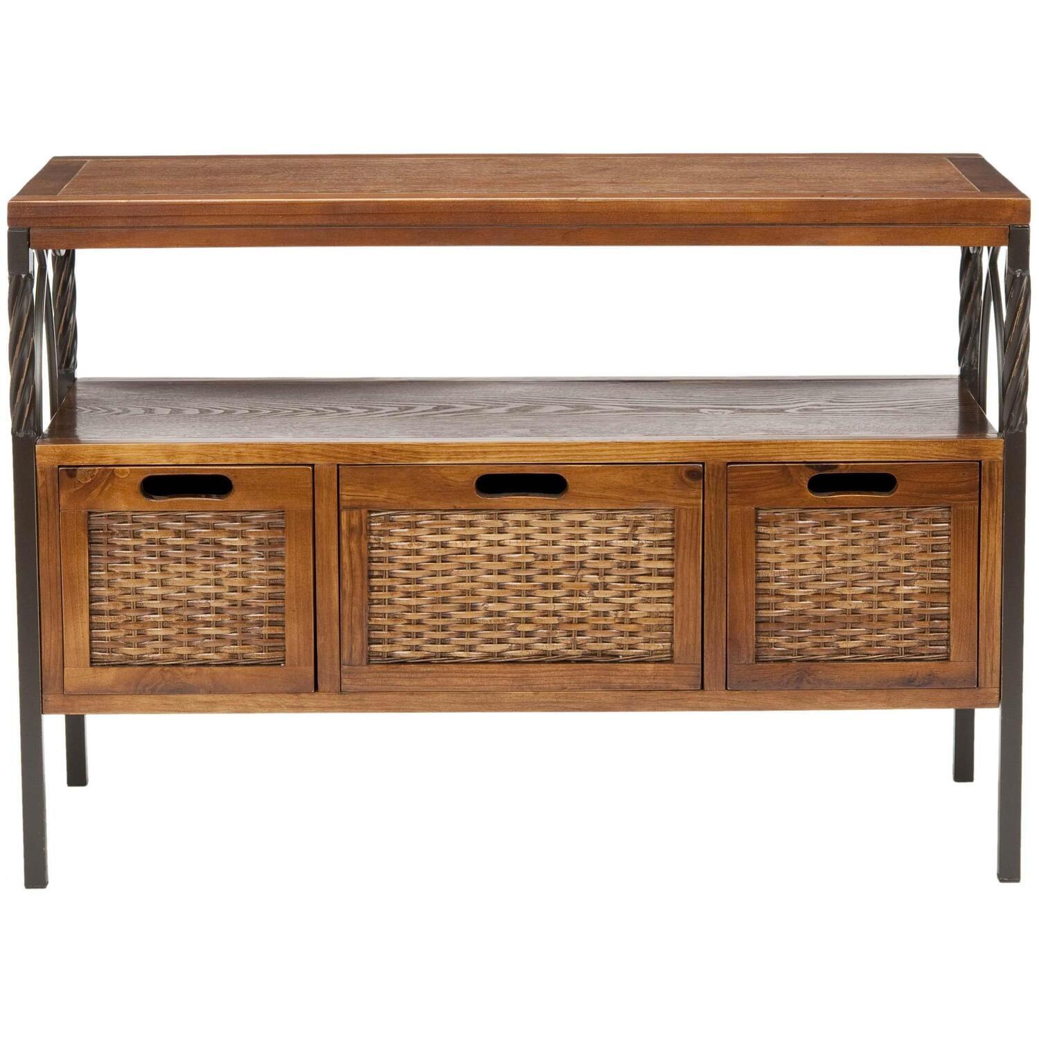 Transitional Joshua 3-Drawer White Media Console with Wicker Accents