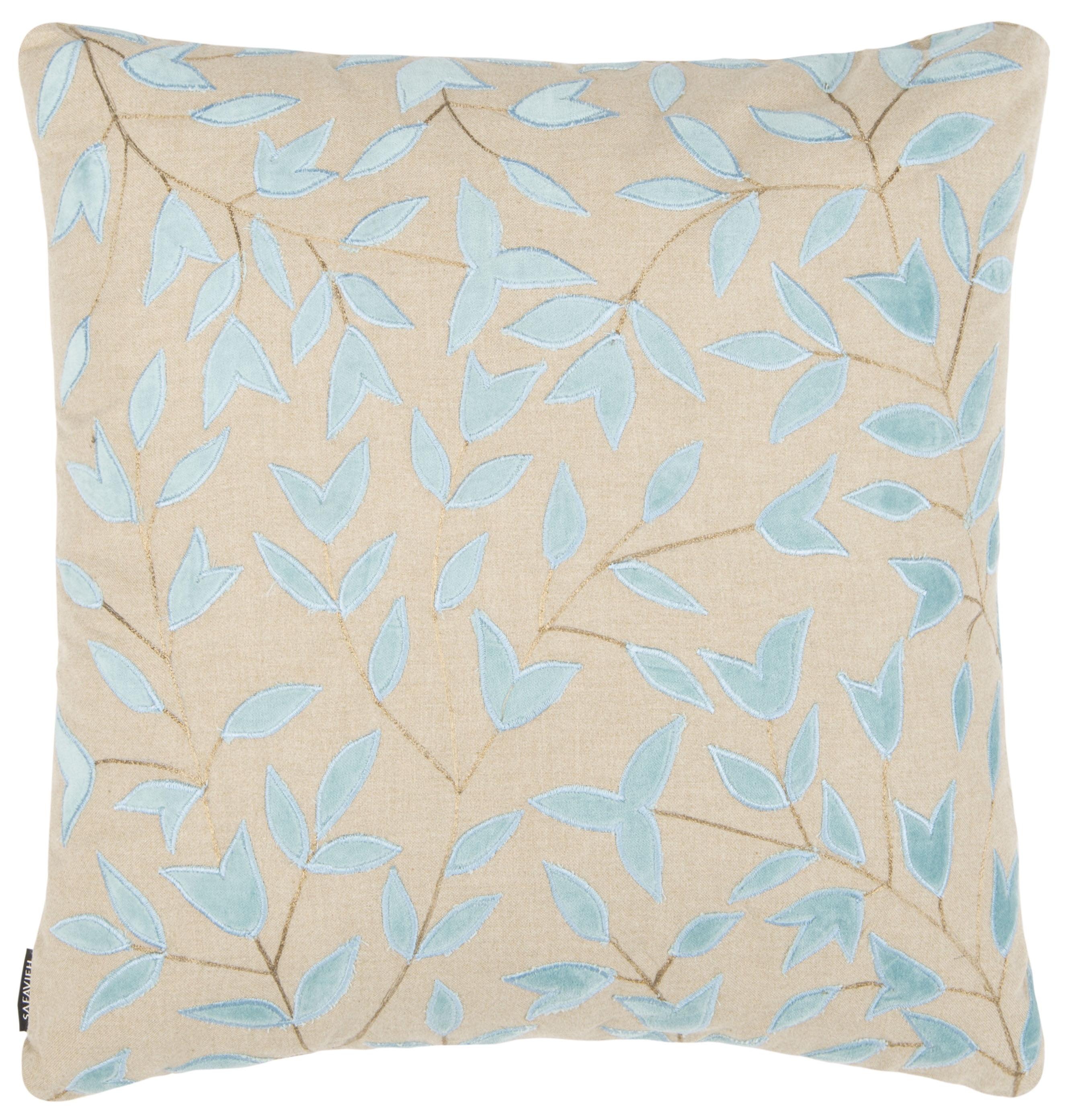 Beige and Blue Embroidered Cotton Floral Pillow, 20" x 20"