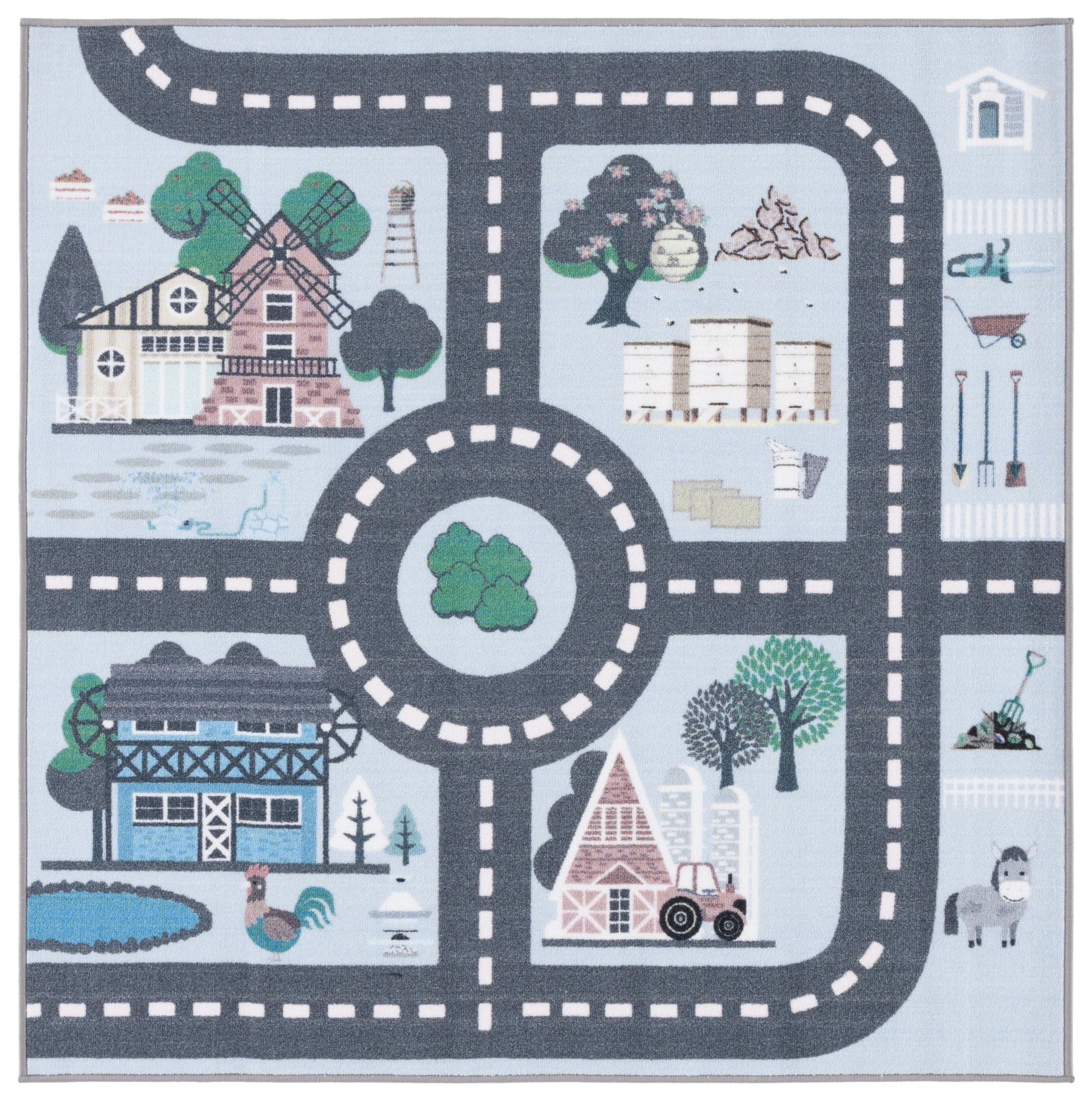 Blue and Dark Grey Square Kids Playhouse Area Rug