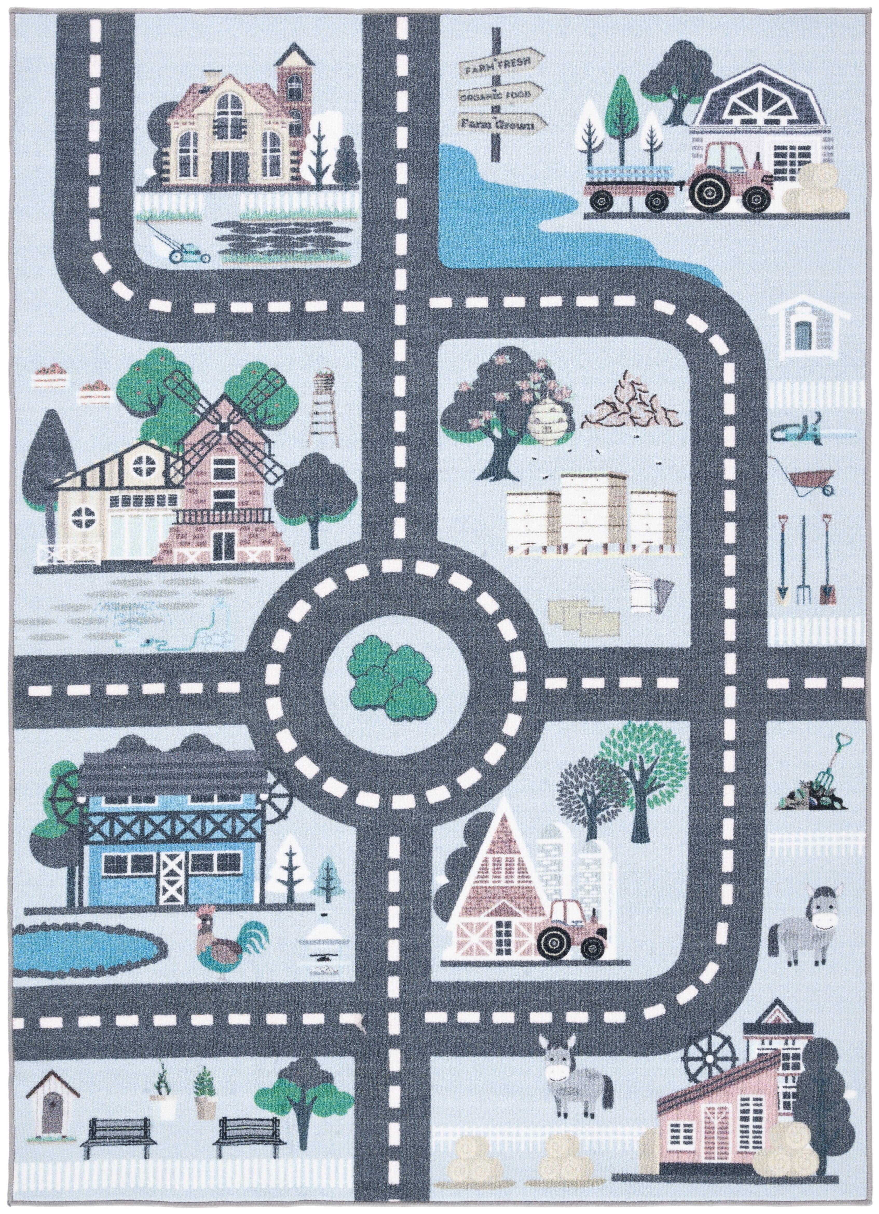 Blue and Dark Grey Kids Playhouse Farm Area Rug