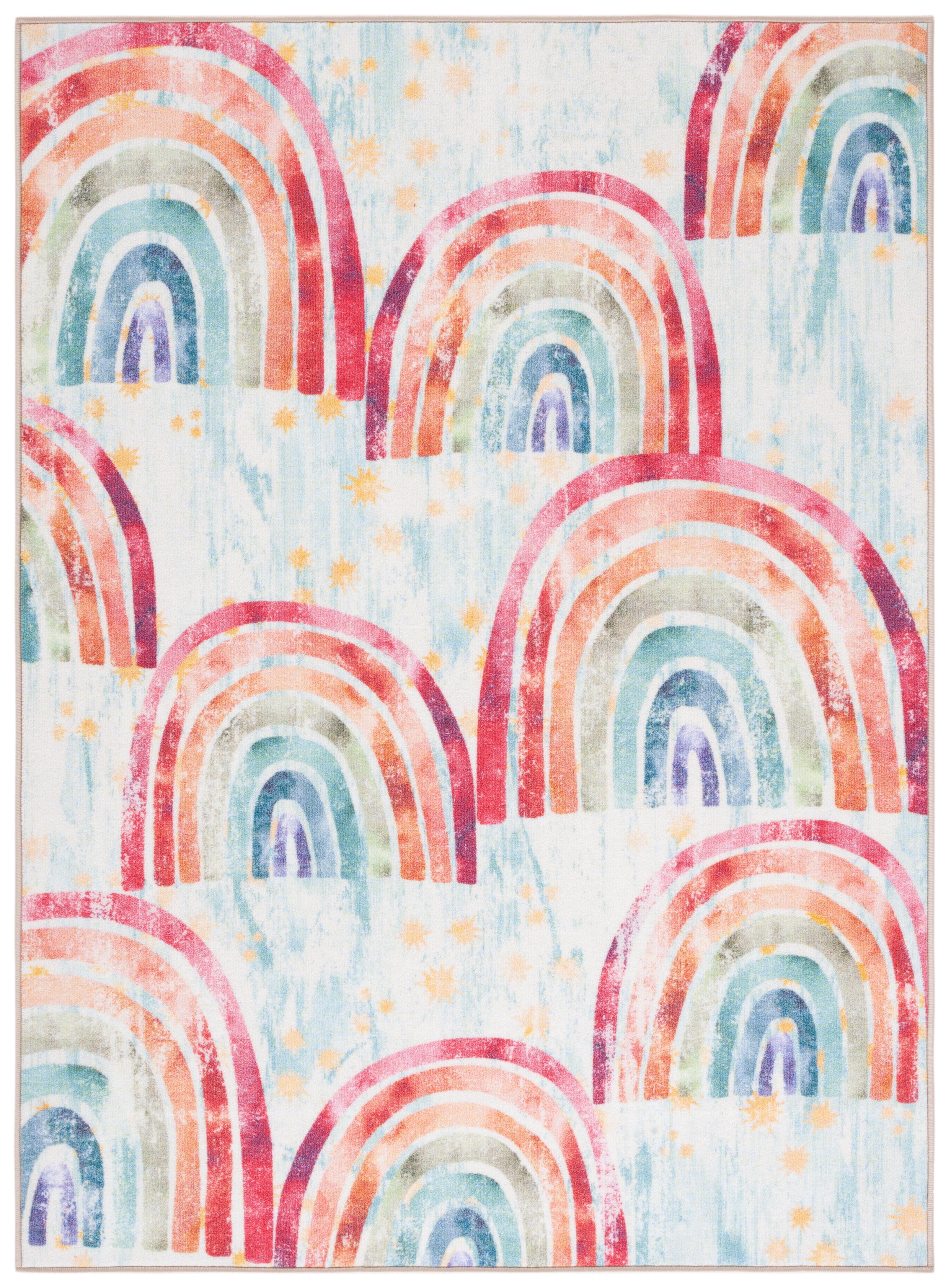 Ivory and Blue Rainbow Kids Washable Area Rug