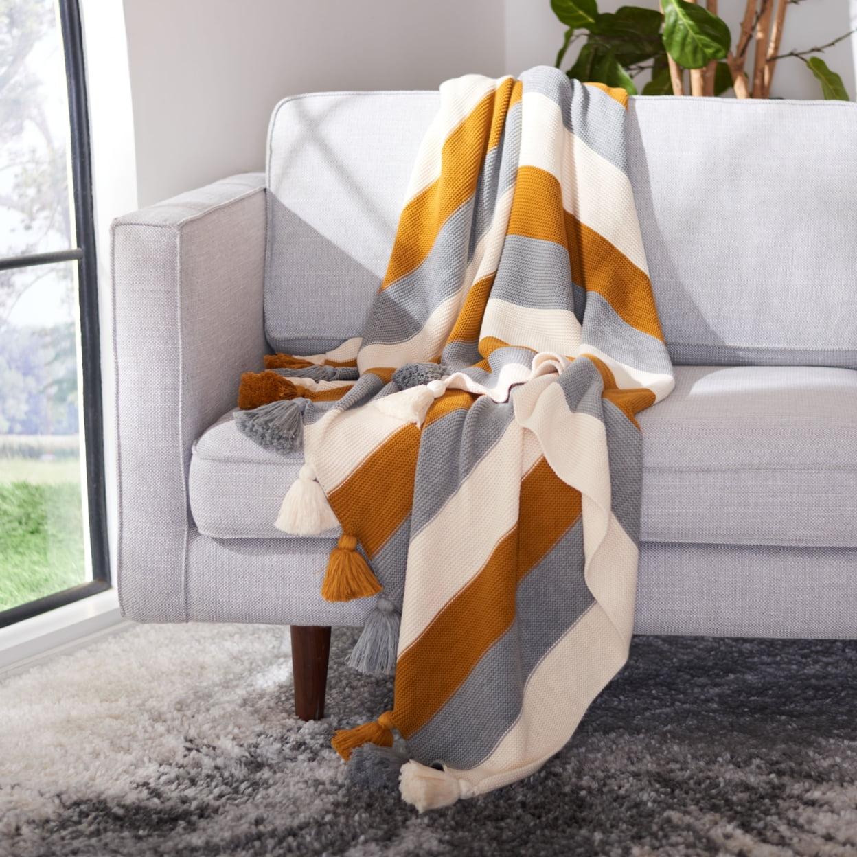 Contemporary Mustard, White, and Grey Striped Cotton Throw Blanket