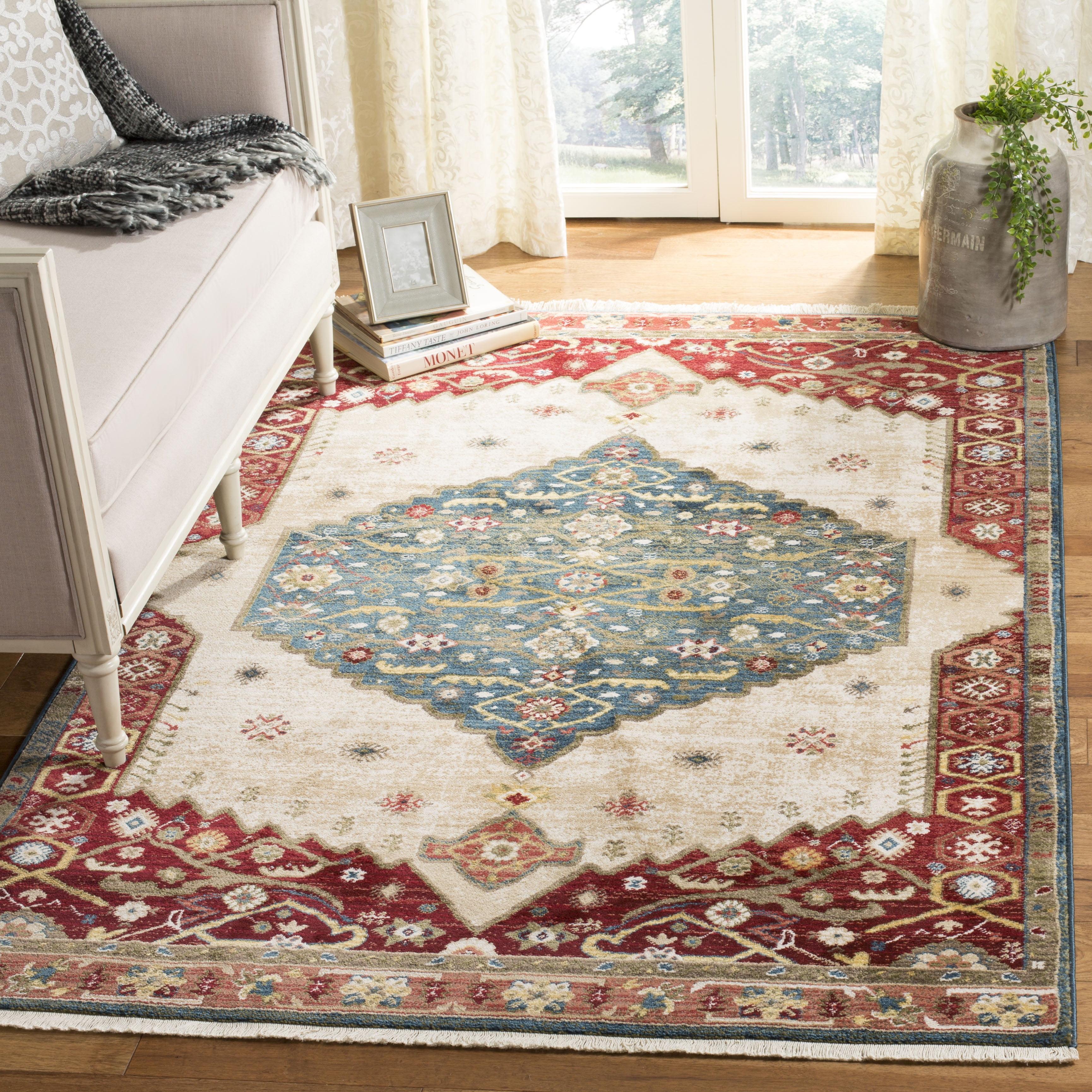 Elegant Blue and Red Synthetic Rectangular Area Rug, 3'3" X 4'10"