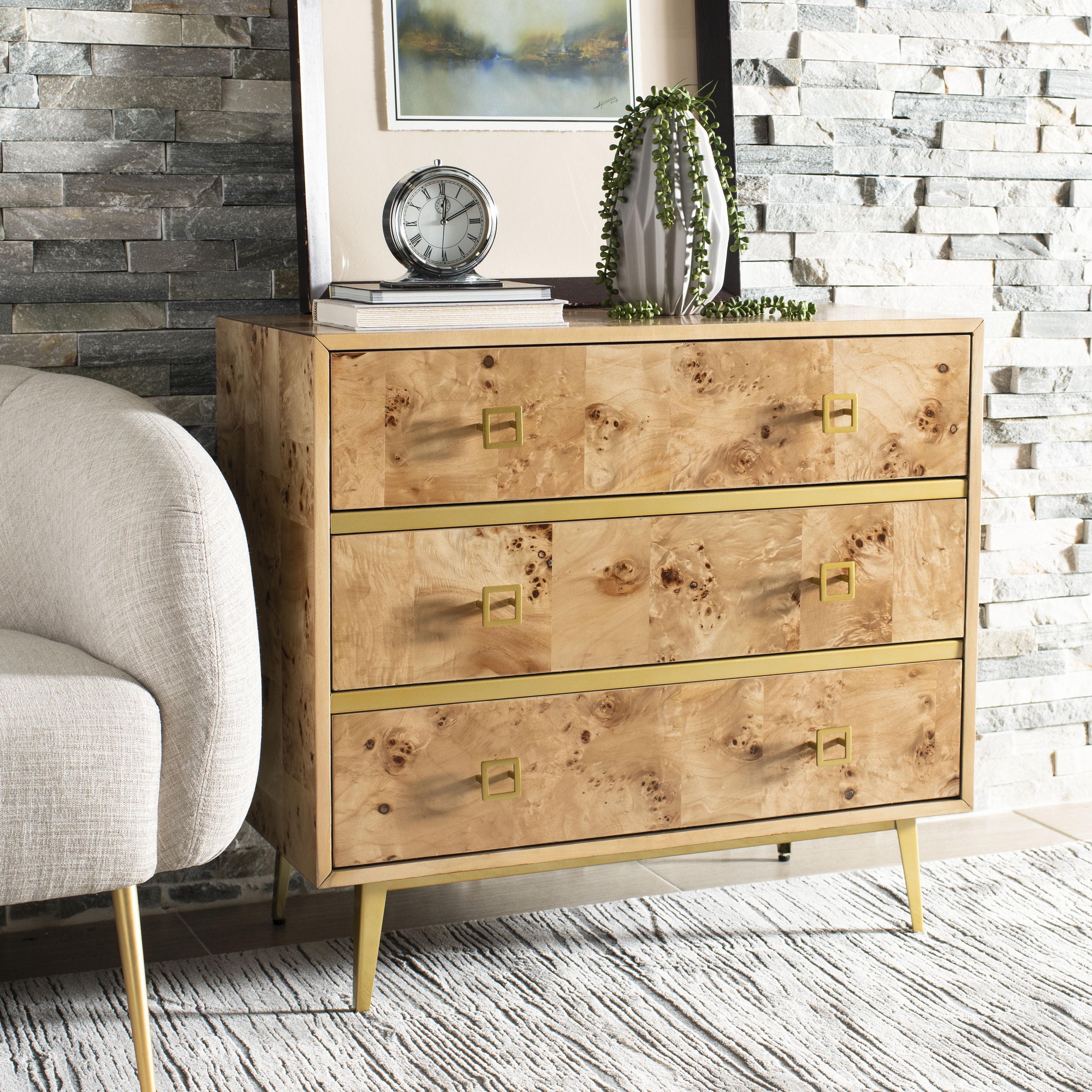 Katia 32" Natural Wood and Gold 3-Drawer Chest