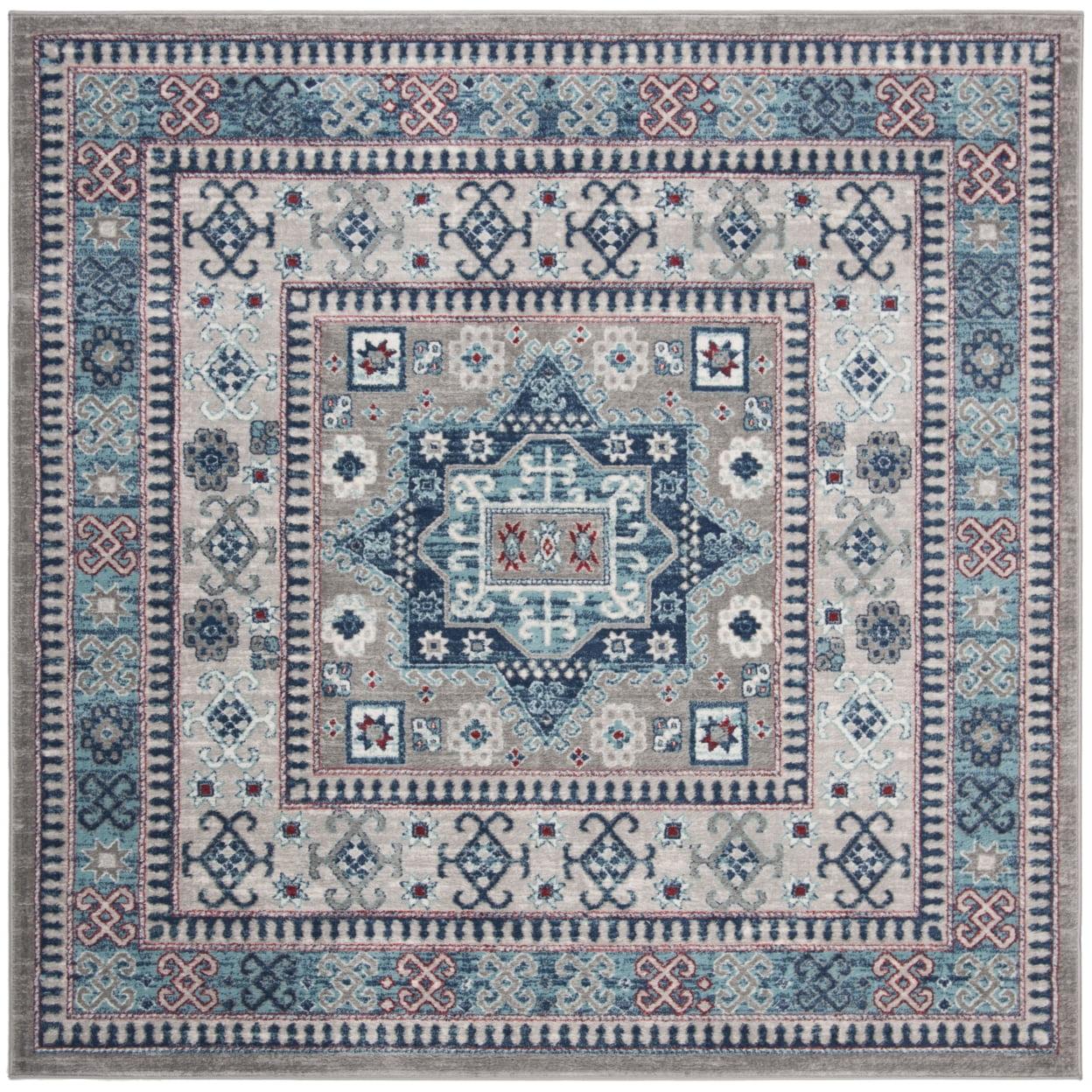 Kazak Blue and Gray Geometric Square Area Rug