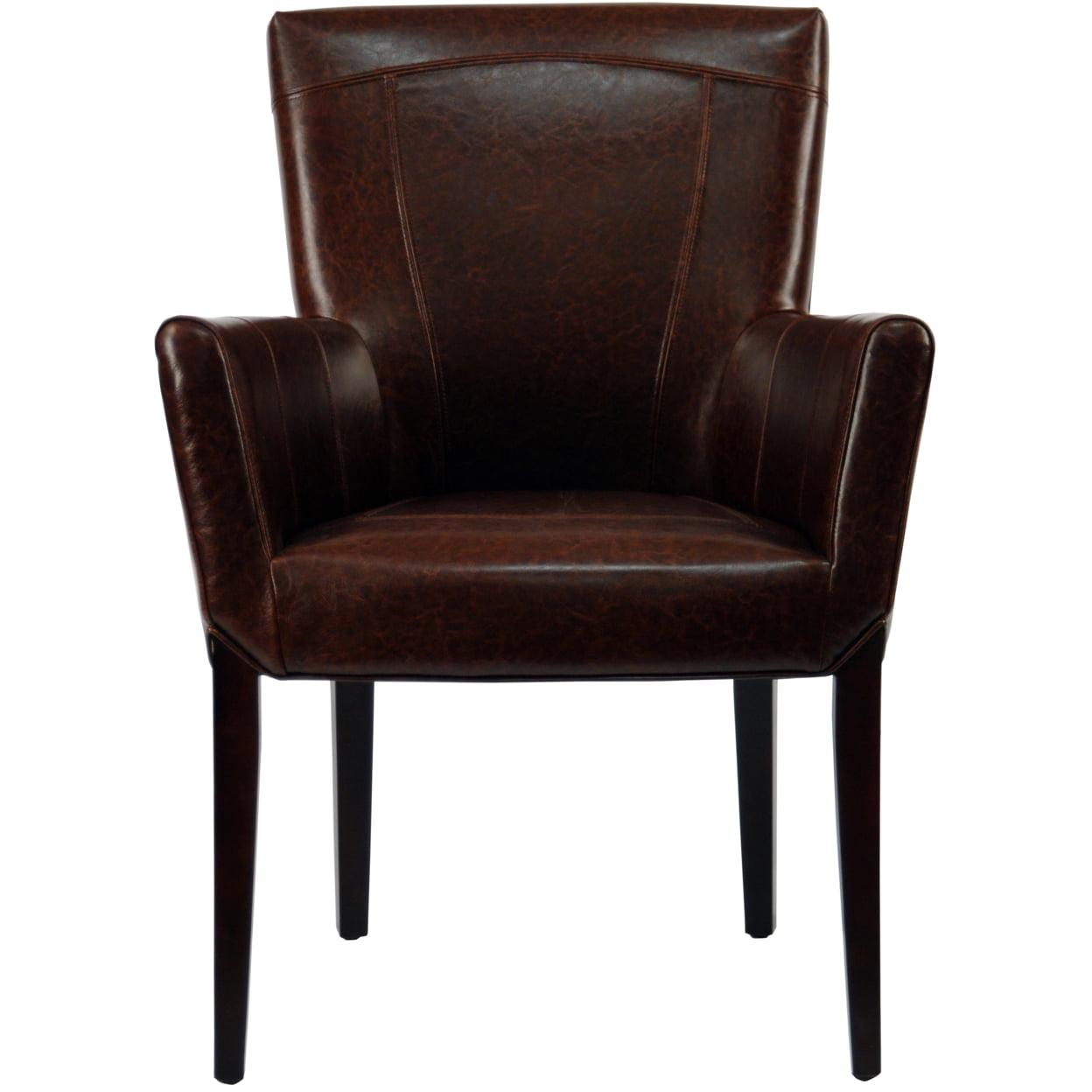 Transitional Ken Arm Chair in Brown Leather and Cherry Mahogany