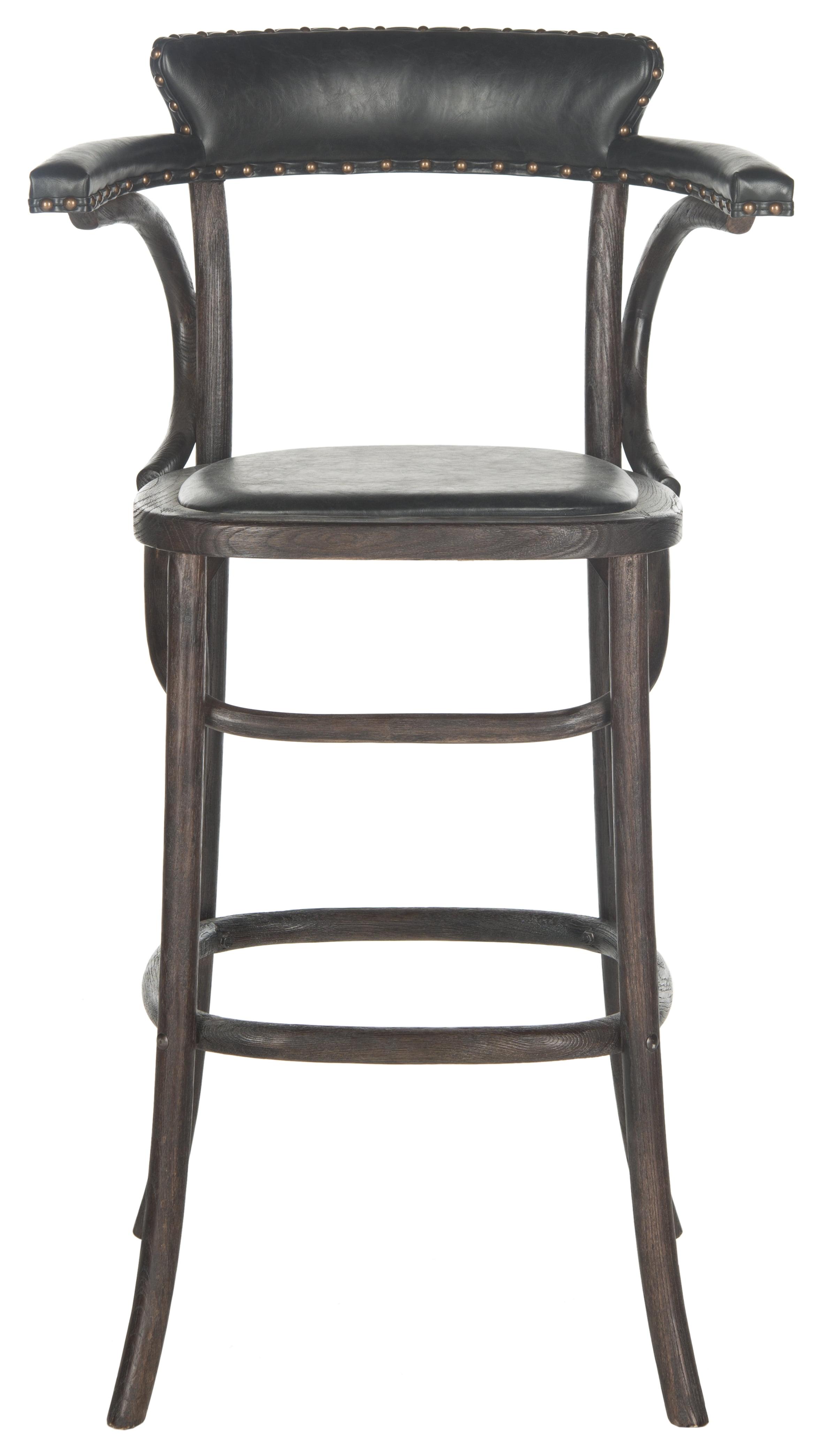 Antique Black Oak and Metal Transitional Bar Stool with Brass Nail Heads