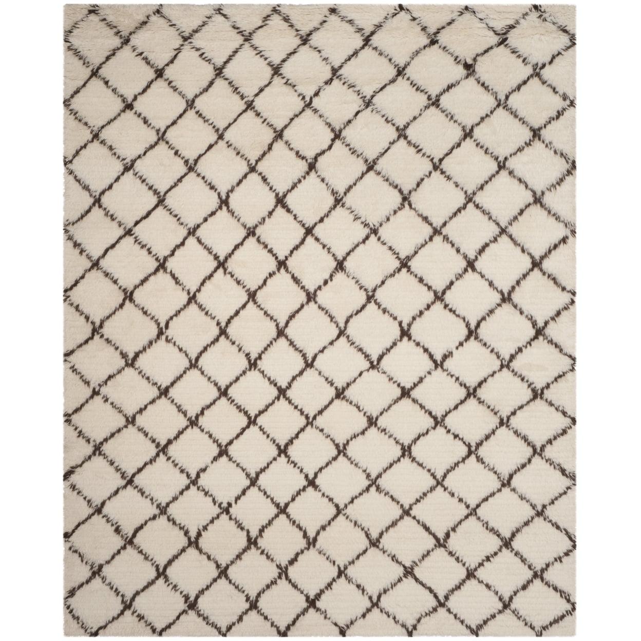 Ivory and Dark Brown Hand-Knotted Wool Shag Rug, 9' x 12'