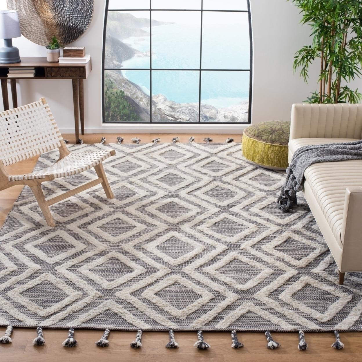 Ivory and Gray Hand-Knotted Wool Geometric Rug with Fringe