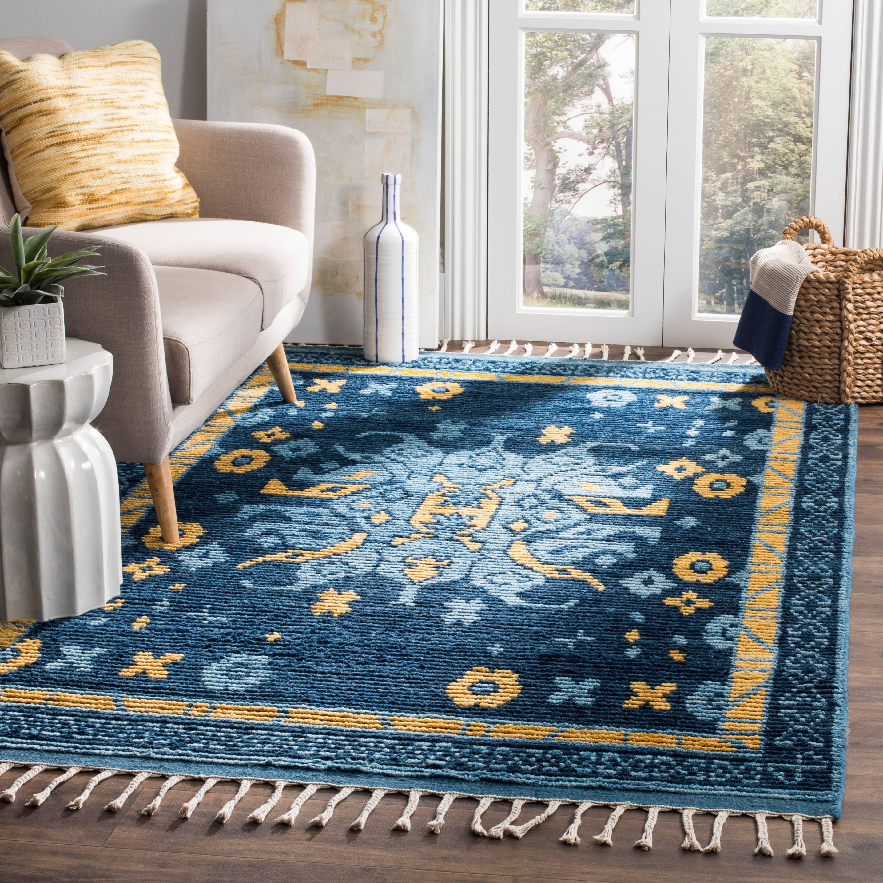 Hand-Knotted Tribal Wool Area Rug in Blue/Gold, 8' x 10'
