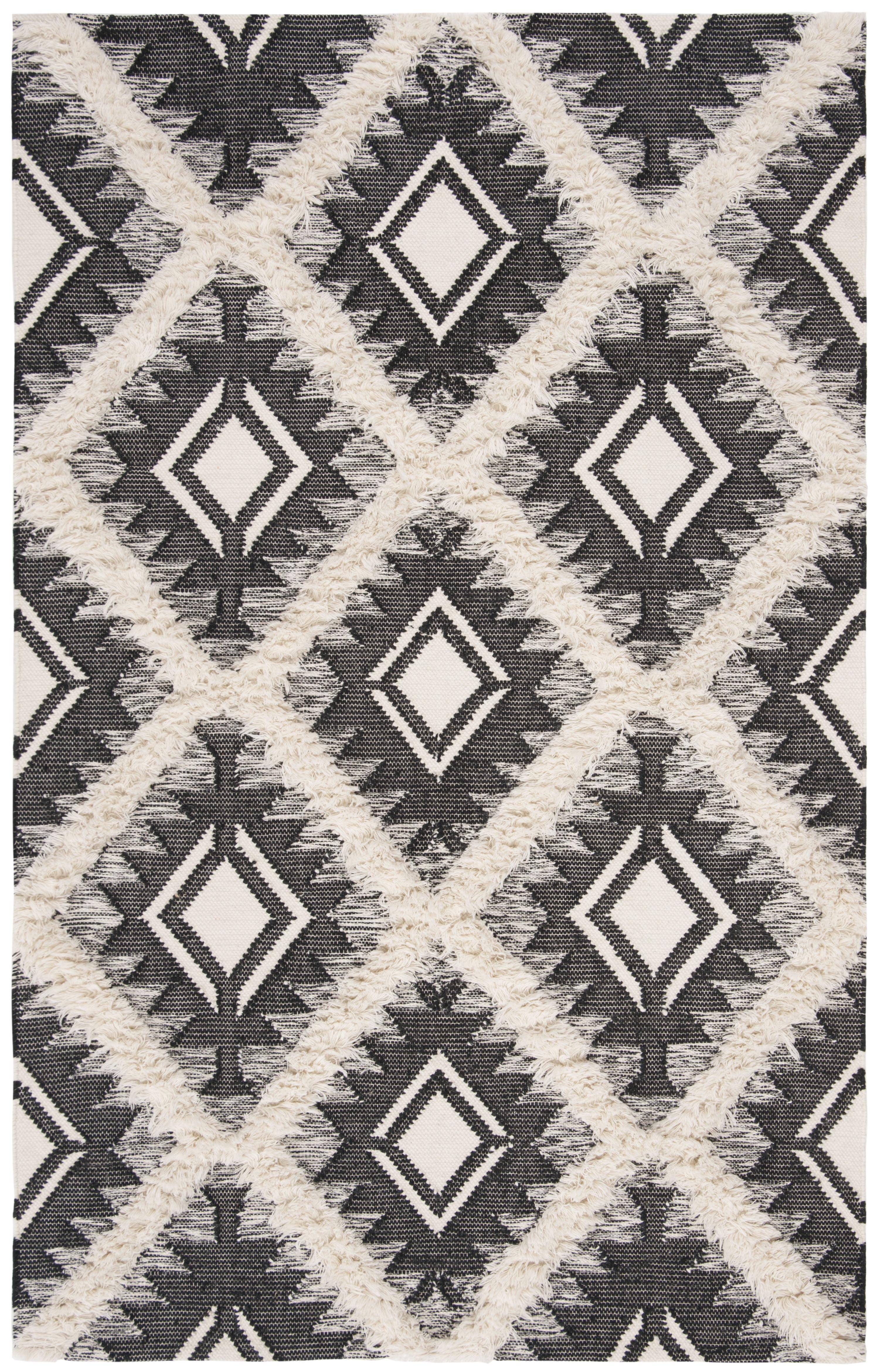 Handwoven Black and Ivory Wool Tribal Area Rug 6' x 9'