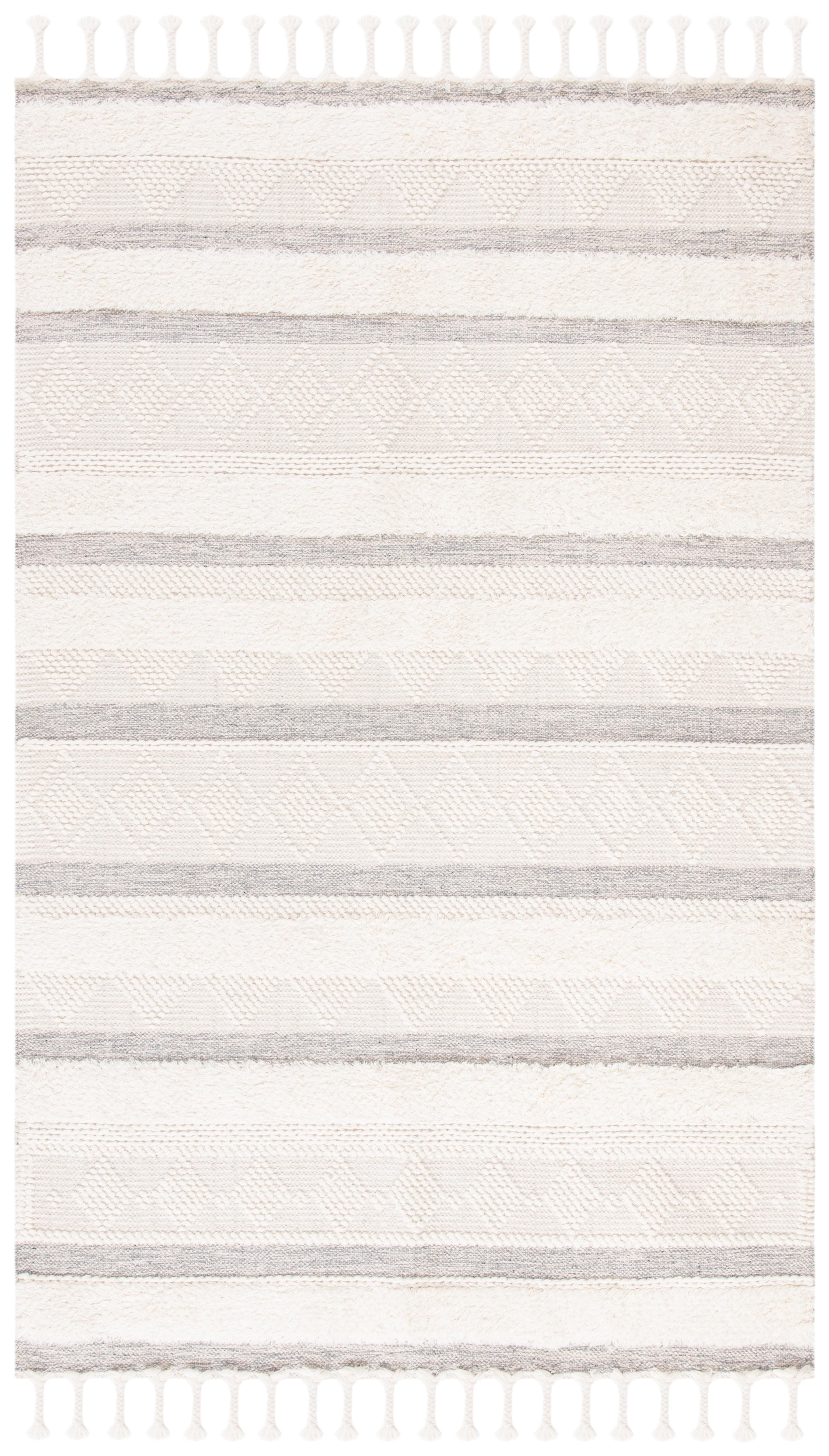 Ivory and Grey Hand-Knotted Wool Striped Area Rug, 3' x 5'