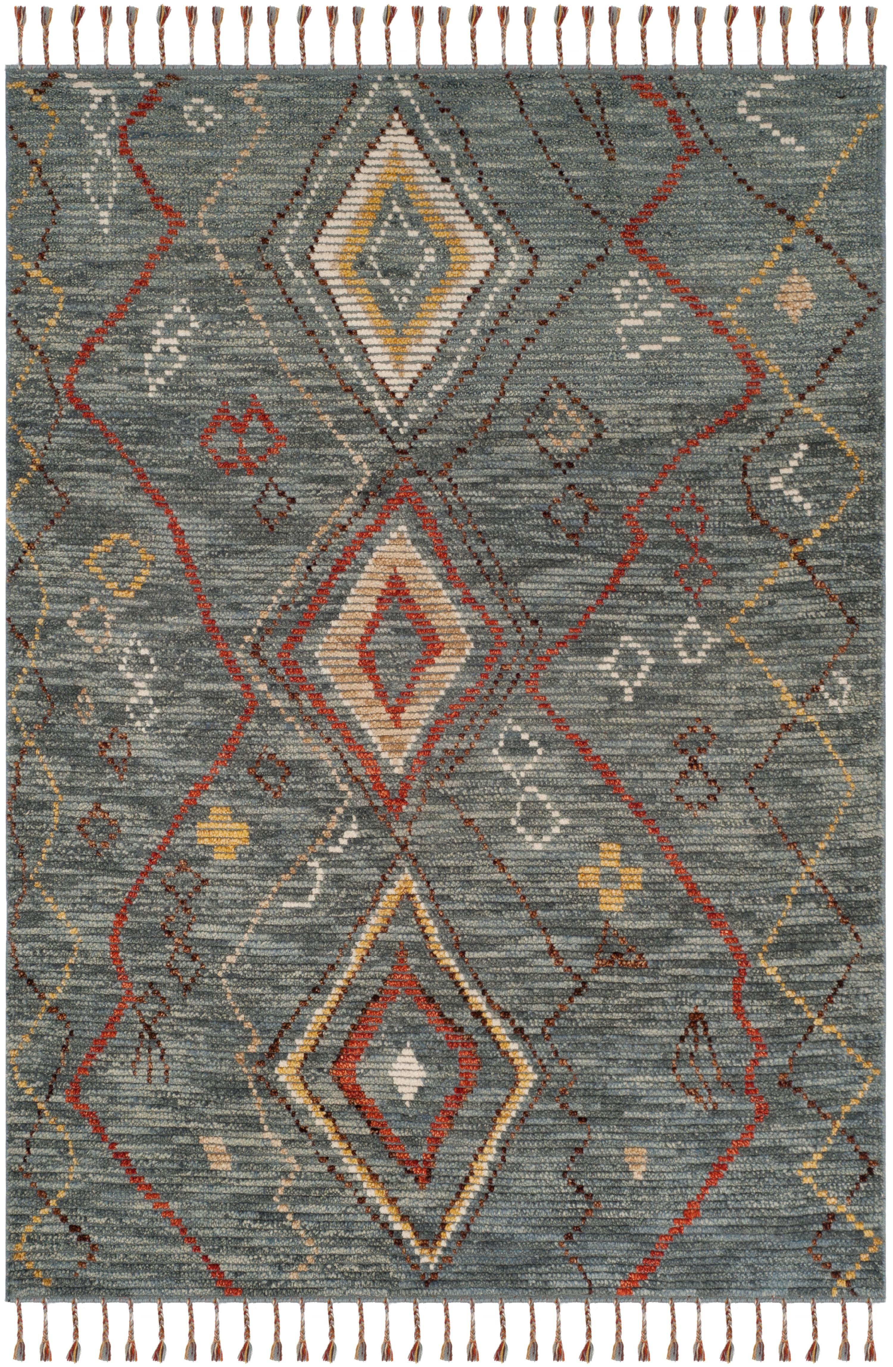 Gray Geometric Hand-Knotted Wool Area Rug with Fringe, 6' x 9'