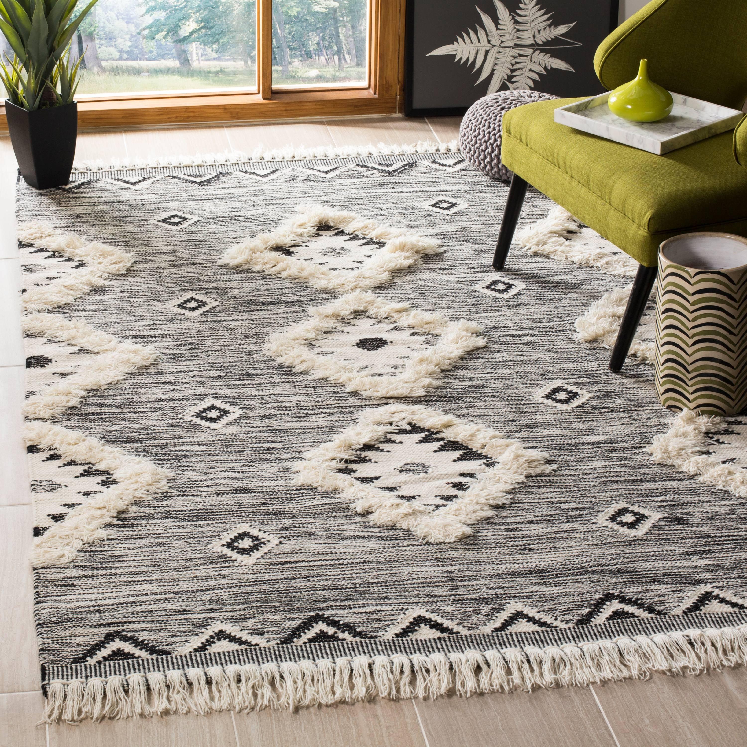 Hand-Knotted Black and Ivory Wool Geometric Area Rug