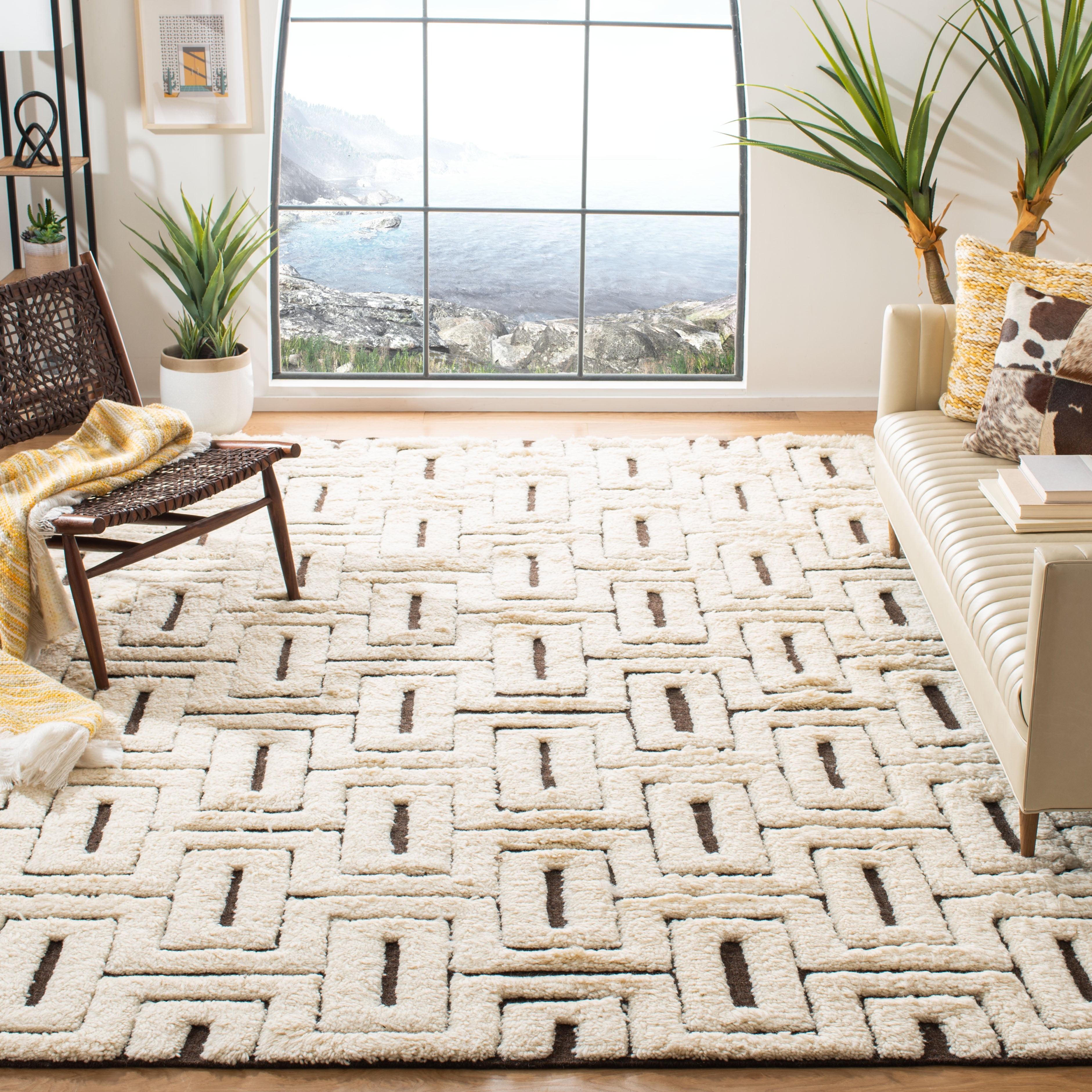 Ivory and Brown Geometric Wool 8' x 10' Area Rug