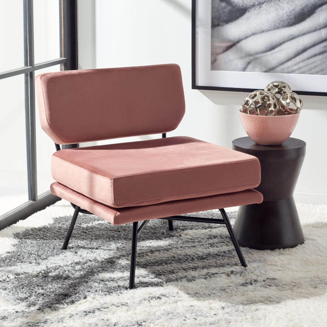 Dusty Rose Velvet & Black Metal Mid-Century Accent Chair