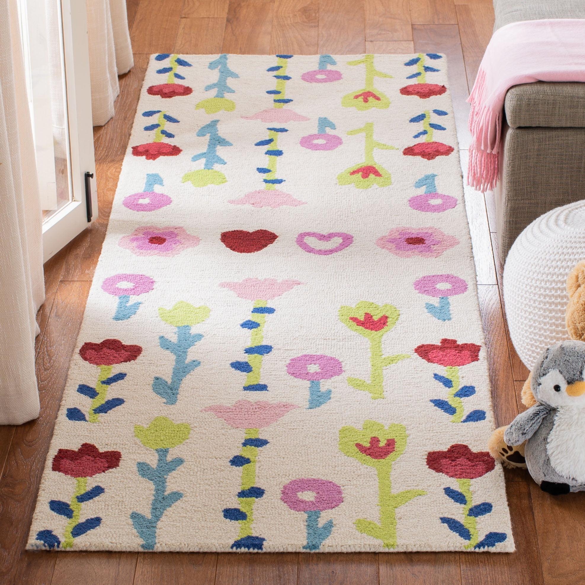 Ivory/Pink Handmade Tufted Wool Kids Rug - 30" x 8"