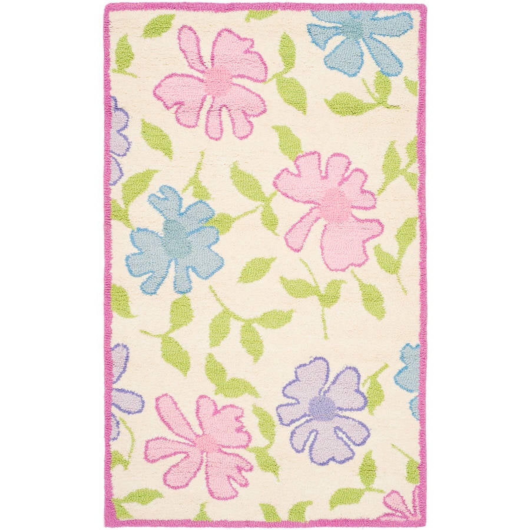 Ivory and Pink Floral Hand-Tufted Wool Kids Rug, 3' x 5'