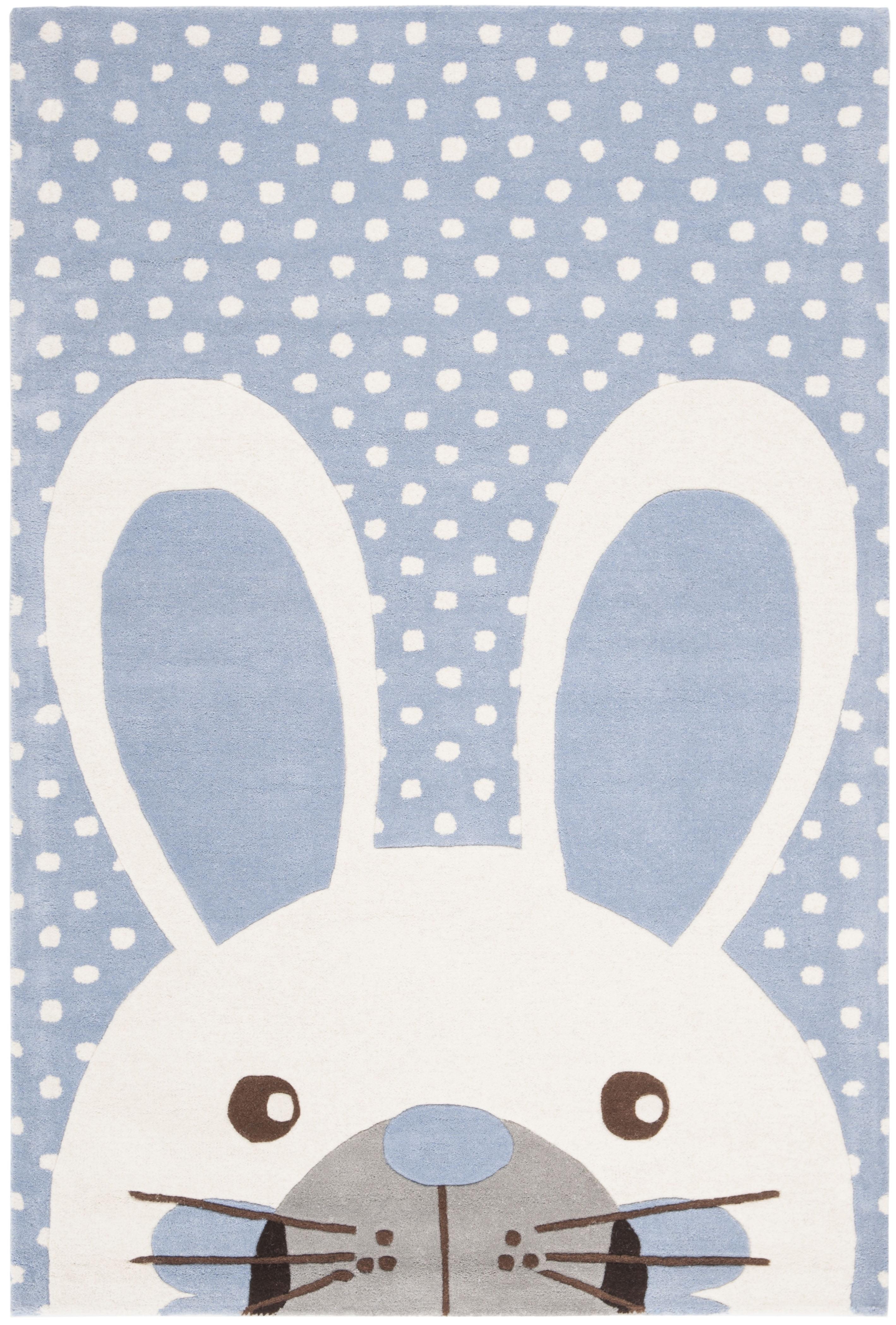 Blue and Ivory Tufted Wool Kids Bunny Rug, 4' x 6'