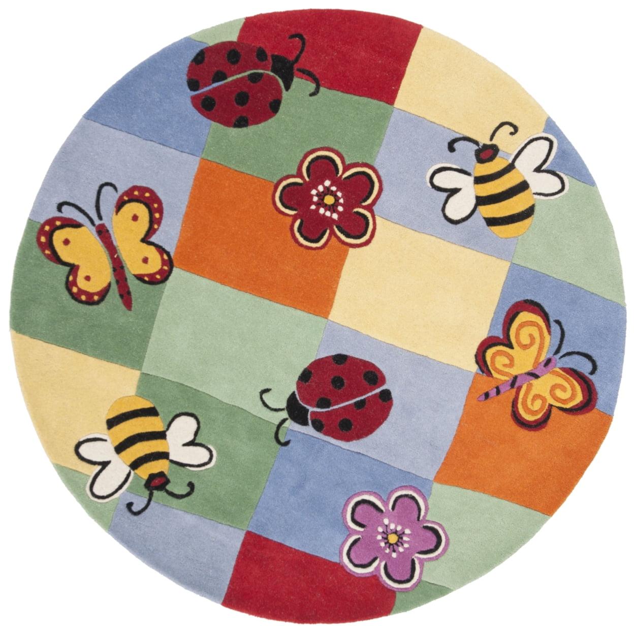 Multicolor Round Hand-Tufted Wool Kids Rug with Critters