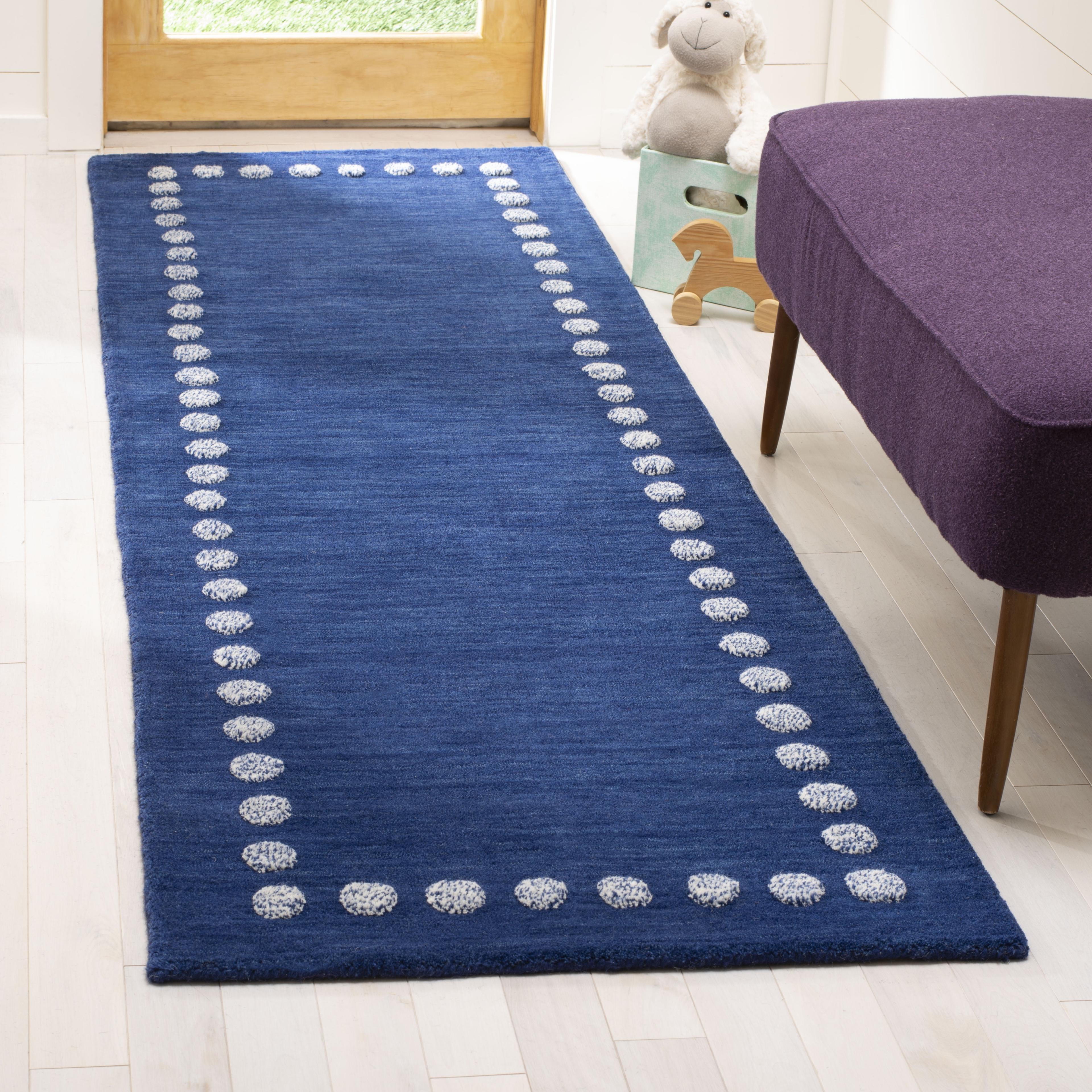 Navy Wool Hand-Tufted Kids Runner Rug with Polka Dot Border